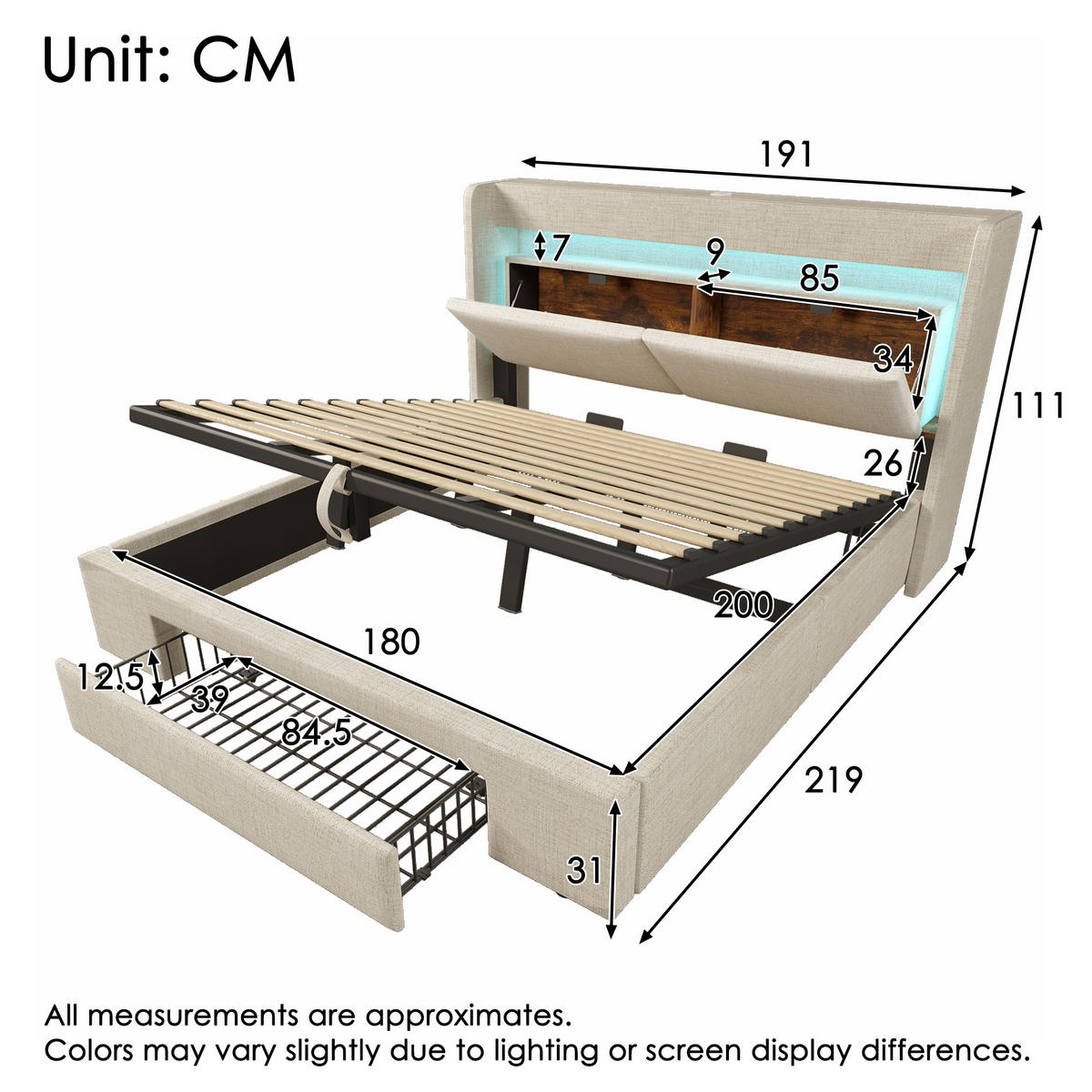 POLSTERBETT 180/200 cm mit LED, USB/USB-C, hydraulischem Stauraum und Schublade, Leinen, Beige - Beige, Textil (180/200cm) - Redom