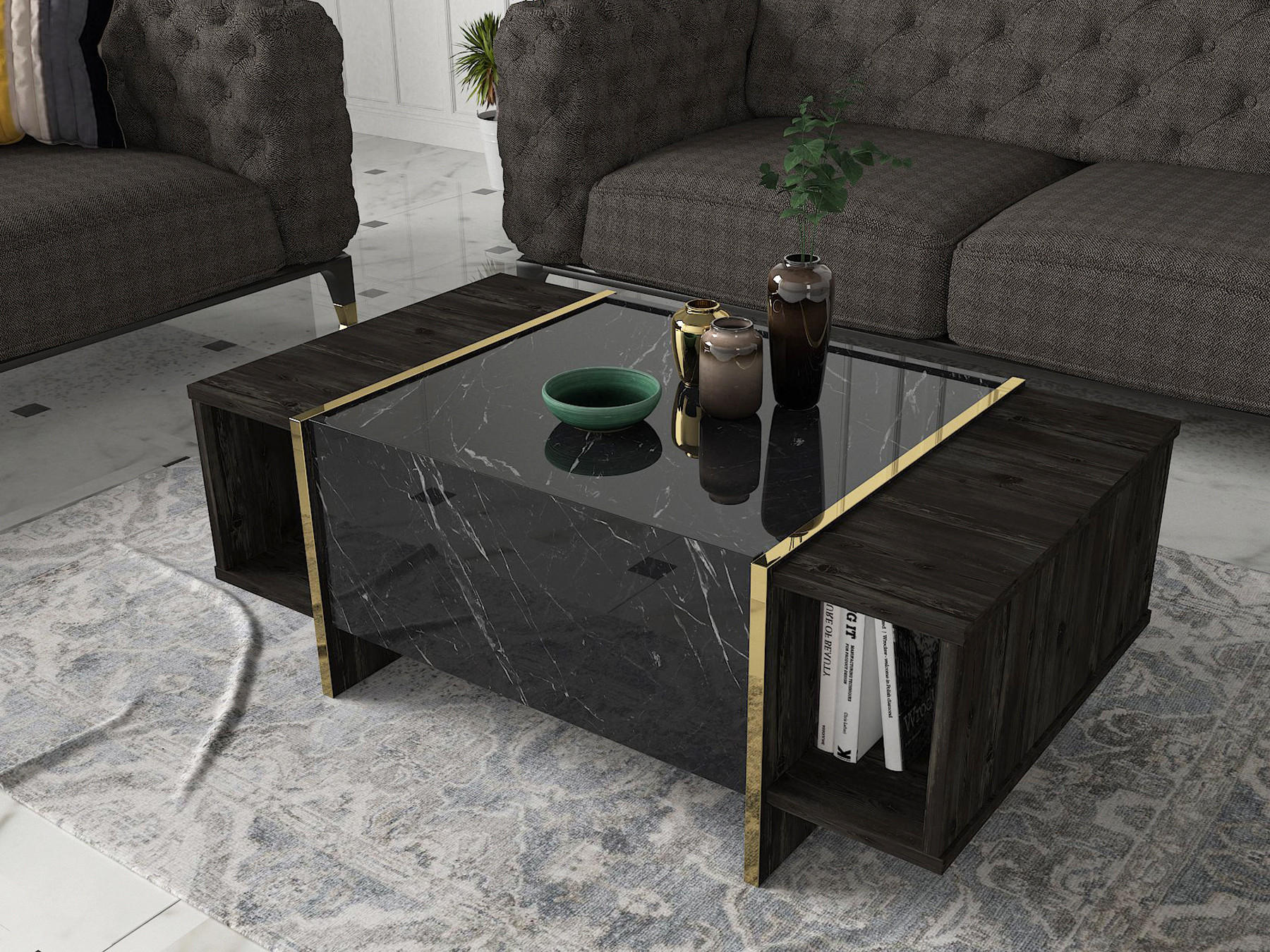 COUCHTISCH Veyron Rebab Braun Dunkelgrau ( Marmor Optik ) - Dunkelgrau/Braun, Holzwerkstoff (60/103.8/37.3cm) - moebel17