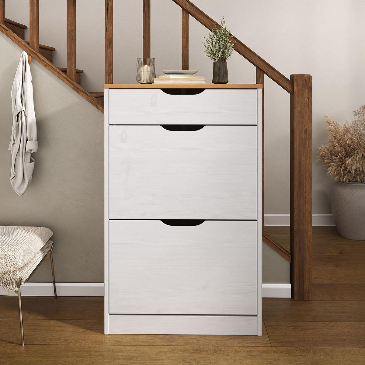 SCHUHSCHRANK BASIL weiß/braun - Weiß/Braun, Holz (58/93/25cm) - IDIMEX