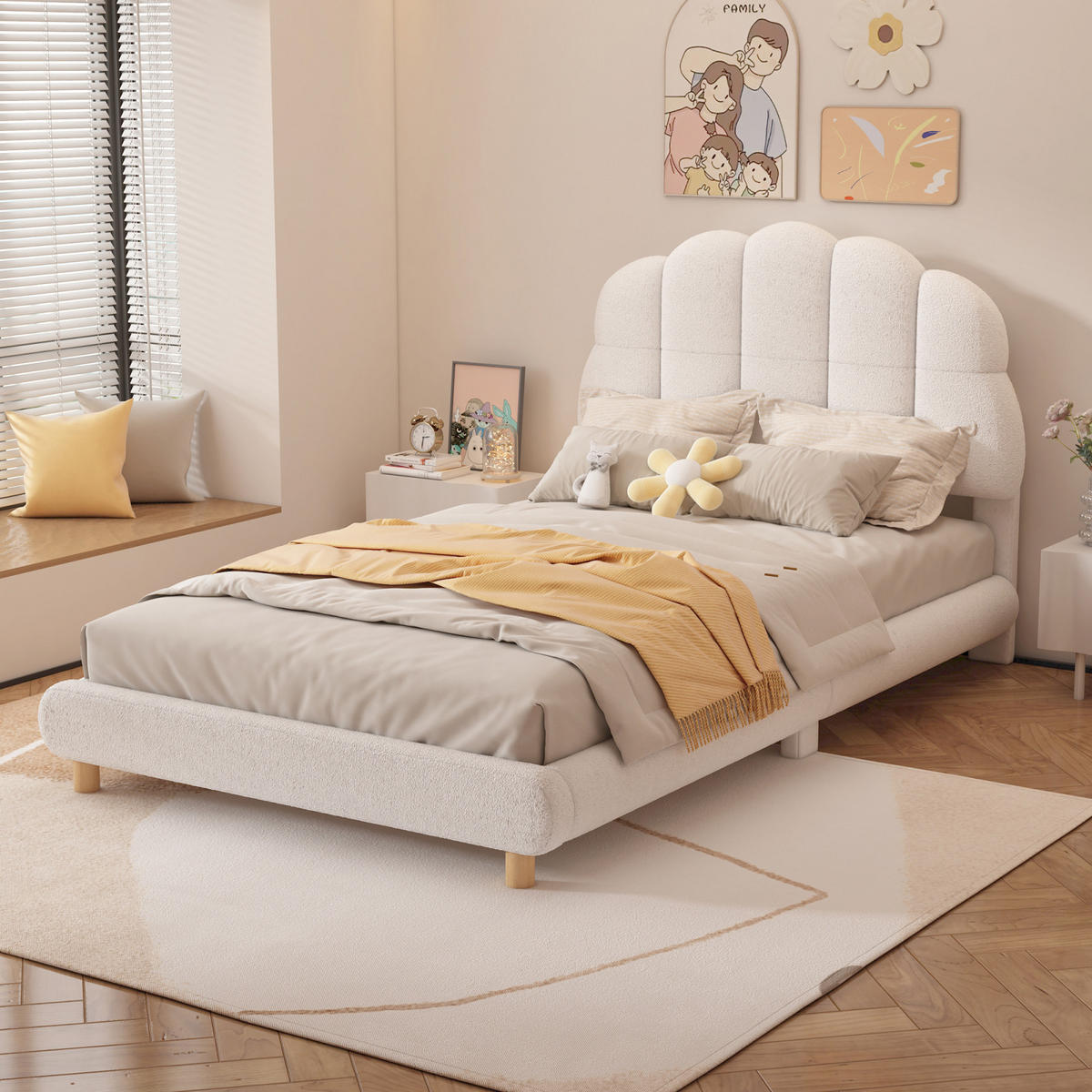 KINDERBETT 90/200 cm Weiß Einzelbett Plüsch mit niedlichem Kopfteil - Weiß, Holz/Textil (90/200cm) - PARAFTA HOME