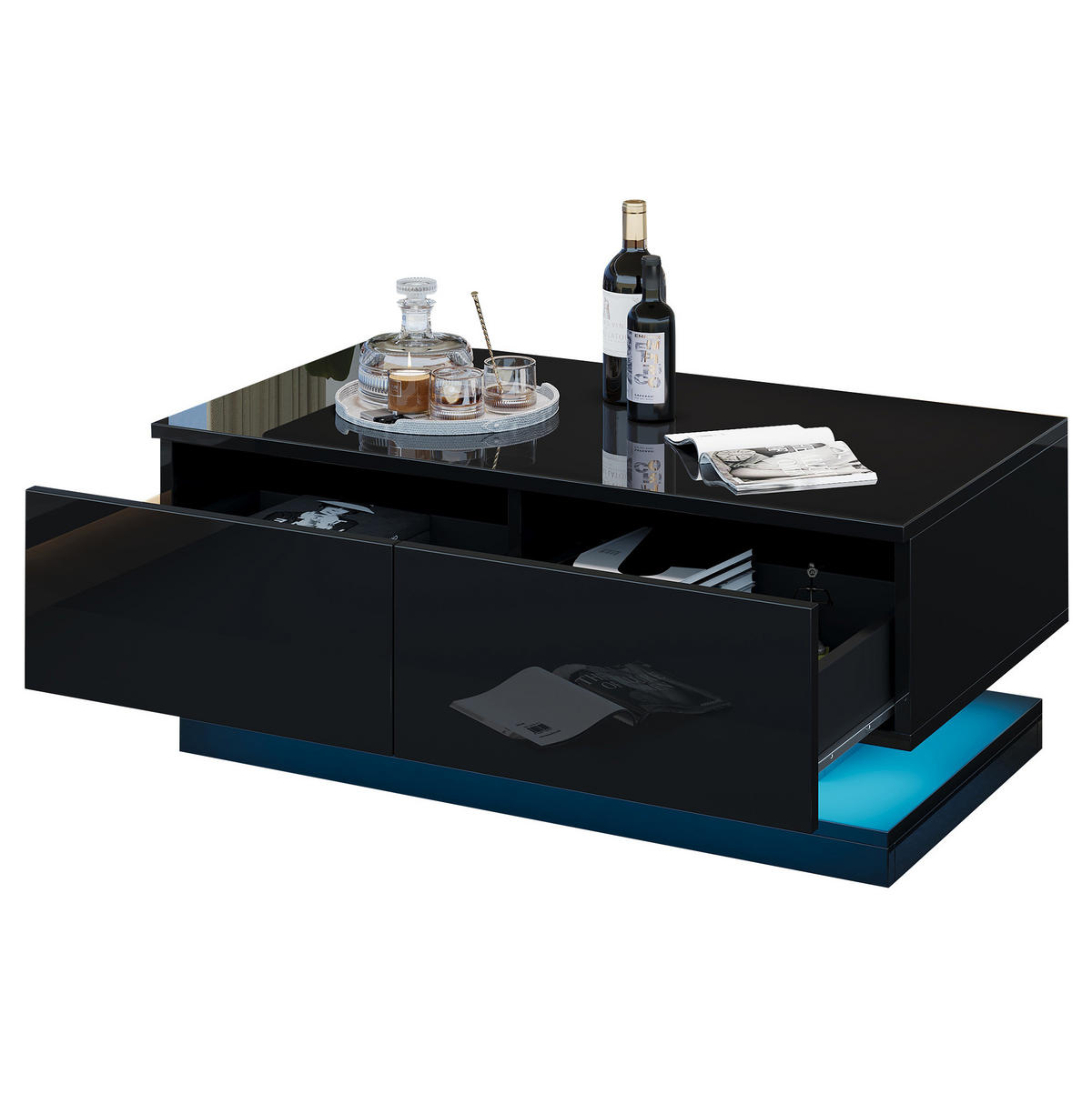 COUCHTISCH 90/50/38 cm schwarz mit 2 Schubladen und LED-Beleuchtung - Schwarz, Holzwerkstoff (90/50/38cm) - OKWISH