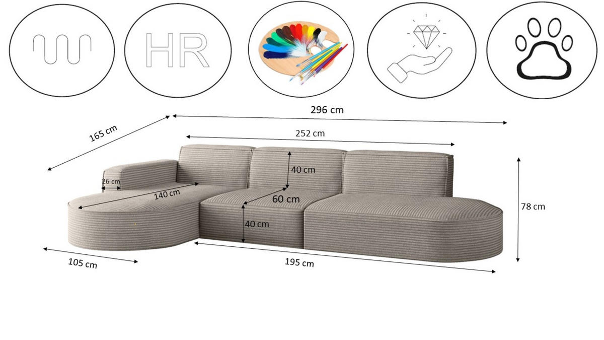 ECKSOFA Designer, Sofa L form MODENA 302 cm stoff Poso Hellbraun Links - Hellbraun, Holz (302/296cm) - Kaiser Möbel