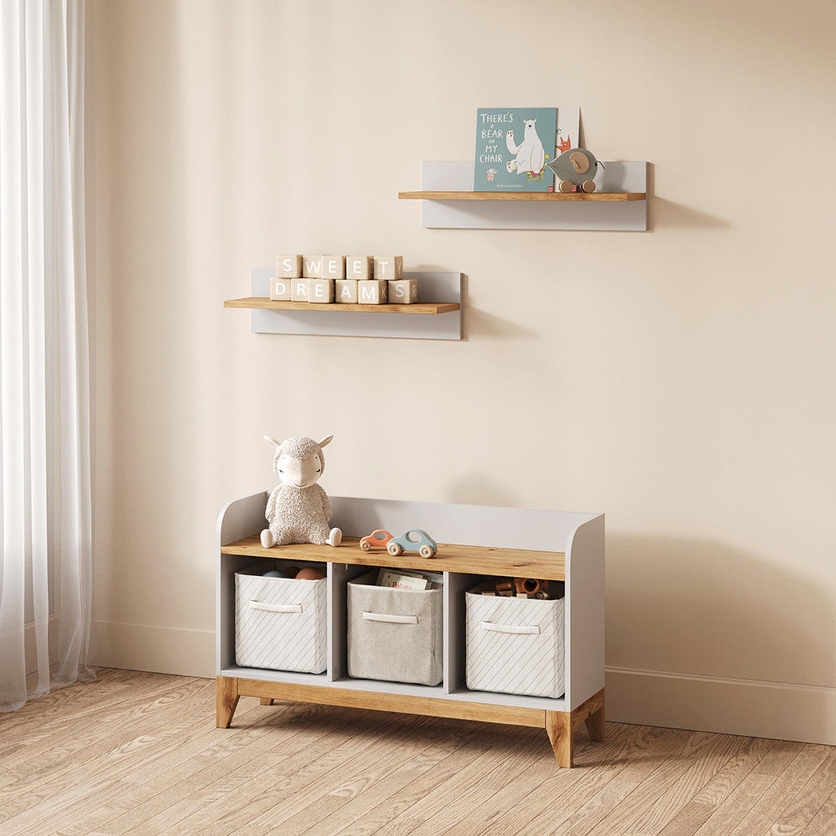 KINDERSITZBANK Mailo Weiß/Artisan 107.2 x 63.8 cm mit 2 Schubladen - Weiß/Eiche Artisan, Holzwerkstoff (107.2/63.8/30.6cm) - Livinity®