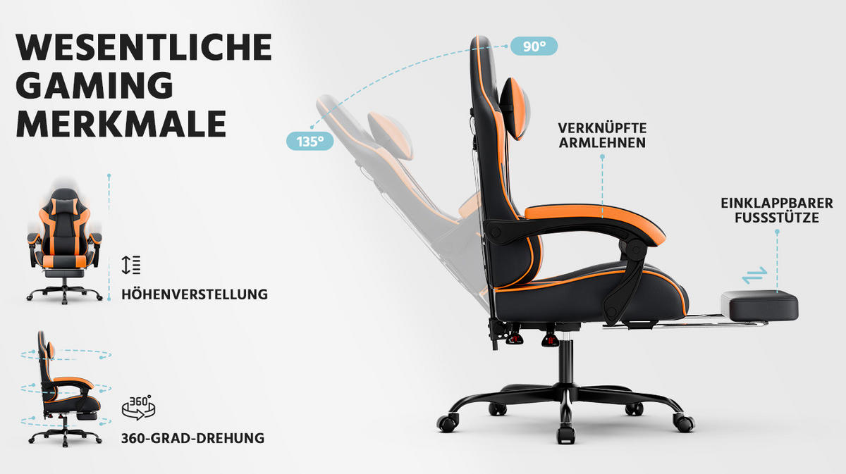 GAMING-STUHL ergonomisch verstellbar PVC Orange - Orange, Kunststoff (63/120.5/58.5cm) - Meubliv