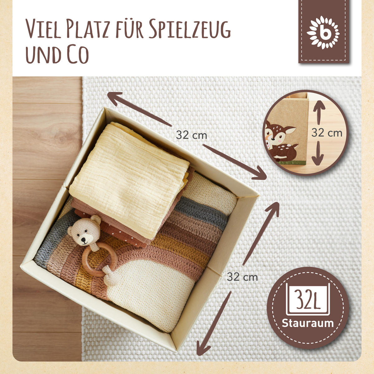 AUFBEWAHRUNGSBOX Kinder Kallax Reh - Beige/Braun, Textil (33/33cm) - Bieco Spielwaren