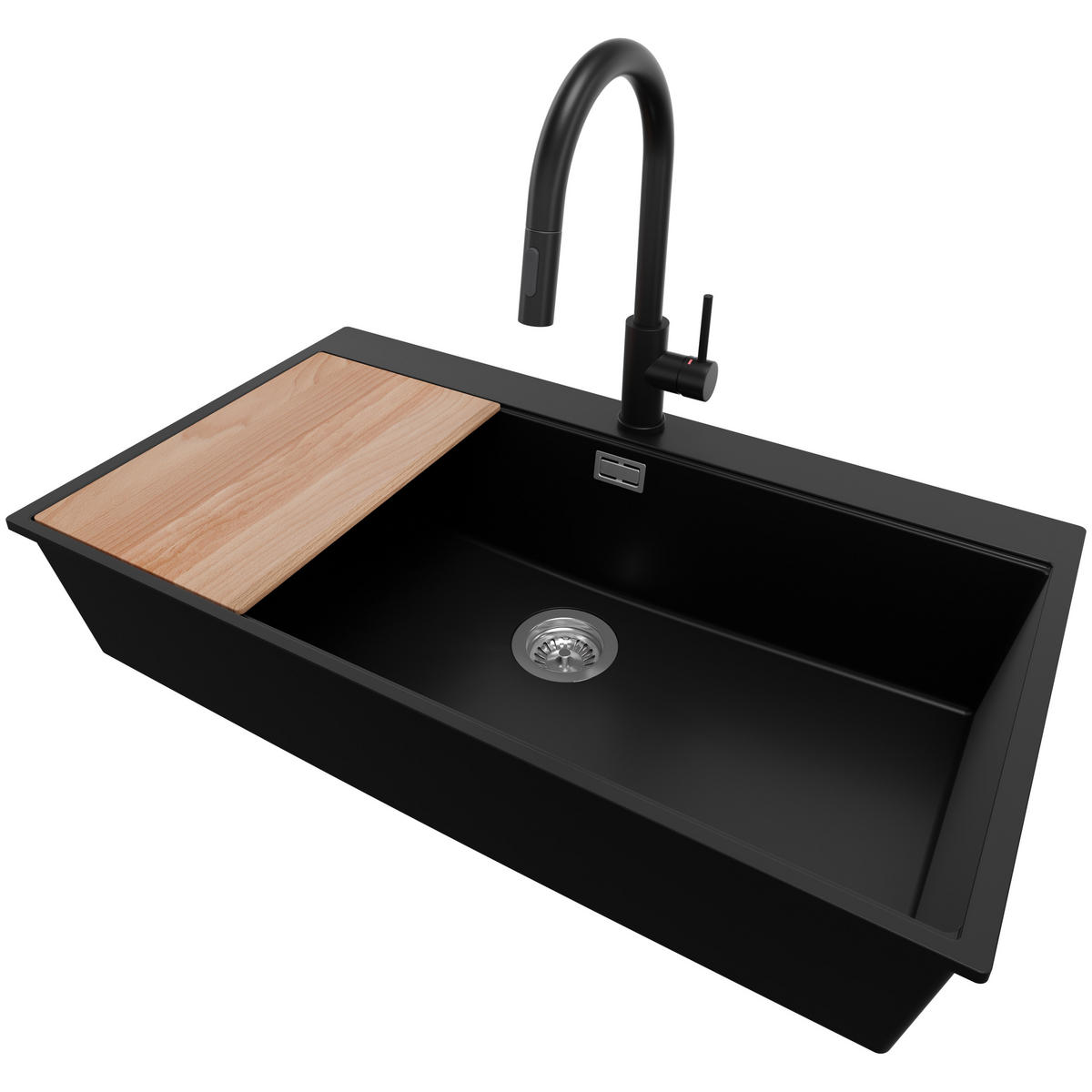 GRANITSPÜLE Oslo, 2-er set Schwarz 88/50 cm 1 Becken + Küchenarmatur 40/20 cm + Ablauf-Set + Schneidebrett ab 90er Unterschrank - Chromfarben/Beige, Kunststoff (88/20/50cm) - Primagran