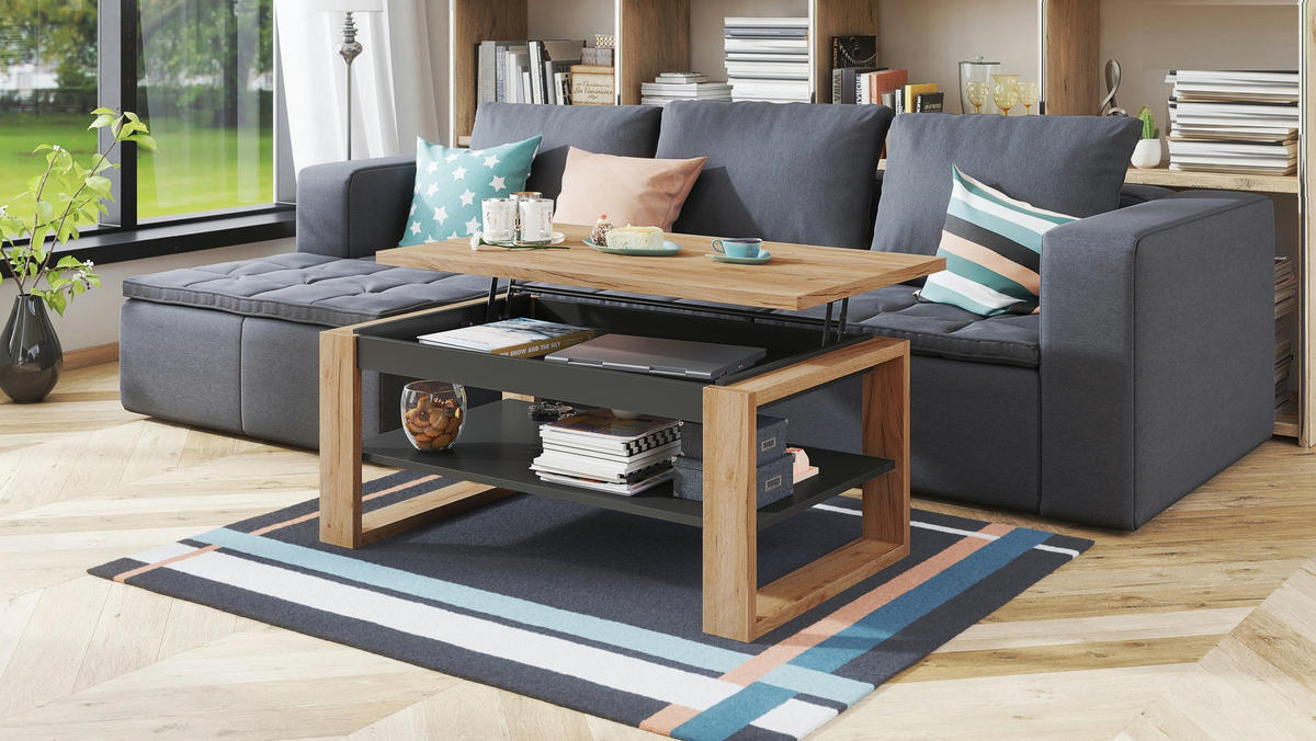 COUCHTISCH rechteckig Eiche Gold - Anthrazit matt aufklappbar 110/65/50 cm - Eichefarben/Anthrazit, Holzwerkstoff (65/110/50cm) - designimpex