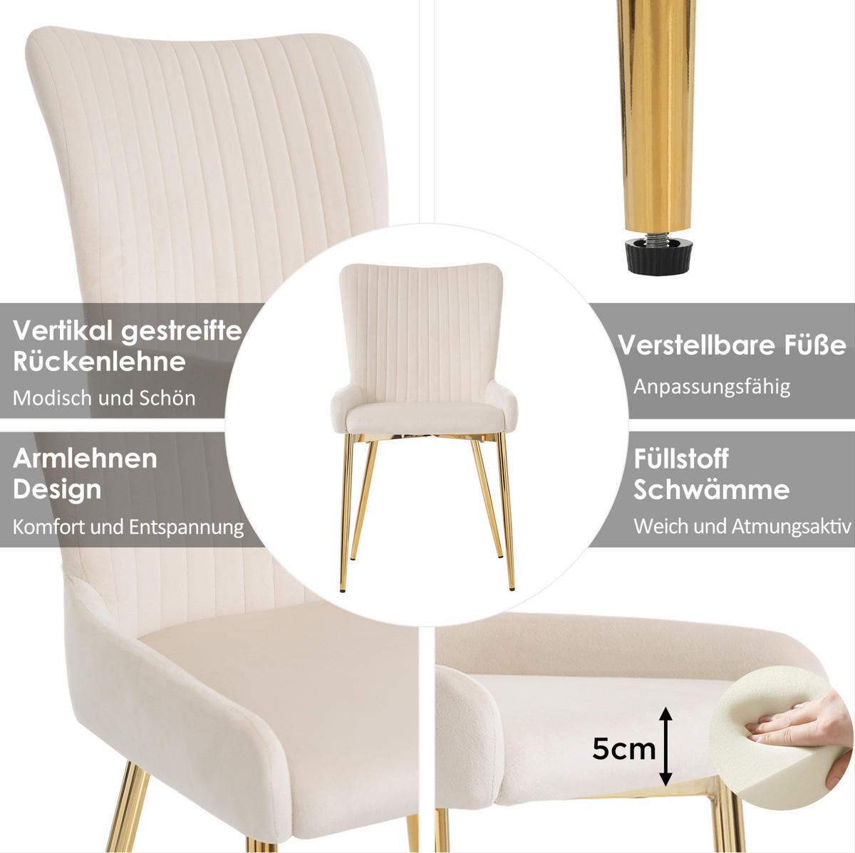 ESSZIMMERSTUHL 6er-Set Samt mit Metallbeinen Beige - Beige, Metall (47/85/58.2cm) - Meubliv