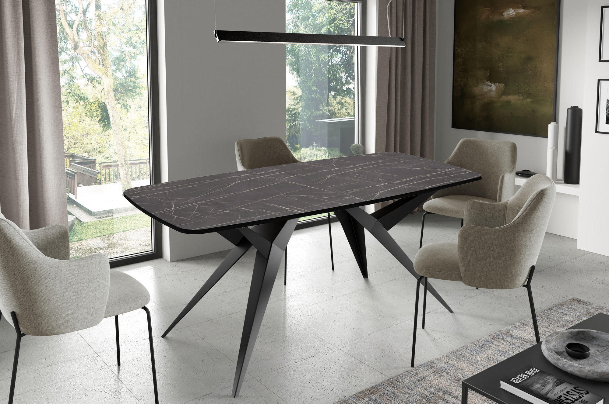 ESSTISCH Trax ausziehbar rechteckig oval, Marmor Schwarz 160-240/90/76 - Anthrazit/Schwarz, Holzwerkstoff/Metall (160/90/76cm) - WFL GROUP