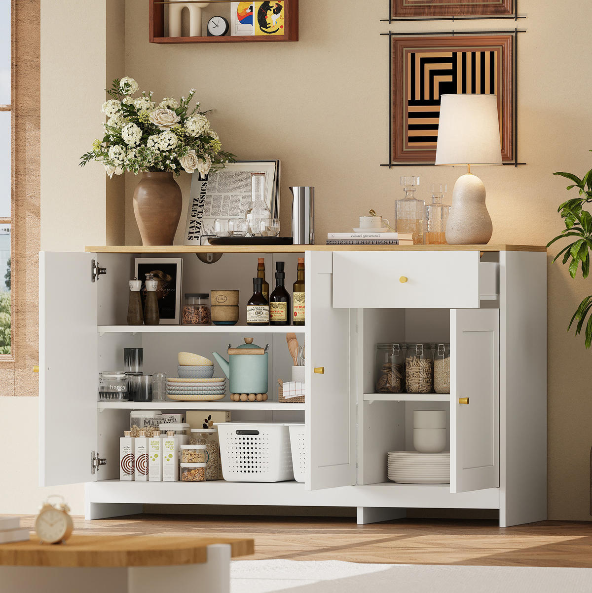 SIDEBOARD 120/40/75 cm mit 3 Türen, Schublade und verstellbaren Einlegeböden aus MDF und Spanplatte, Weiß/Natur - Weiß, Holzwerkstoff (120/75/40cm) - Redom
