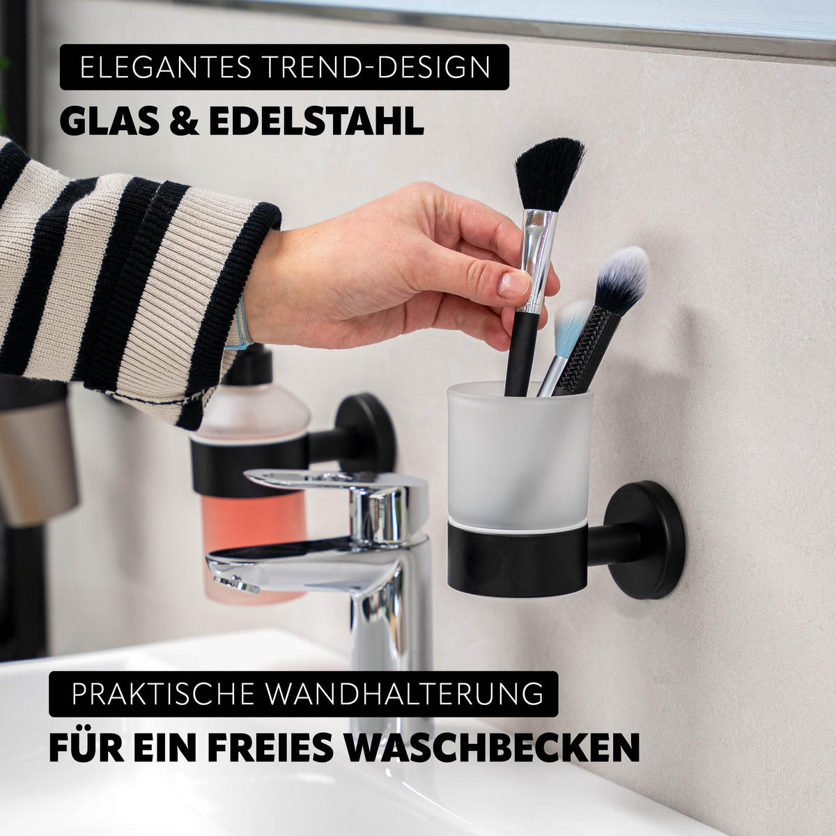 GLASBECHERHALTER PIAZZA BLACK mit Kleber, Glas und Edelstahl, schwarz - Schwarz, Metall (6.5/9.5/11cm) - bremermann