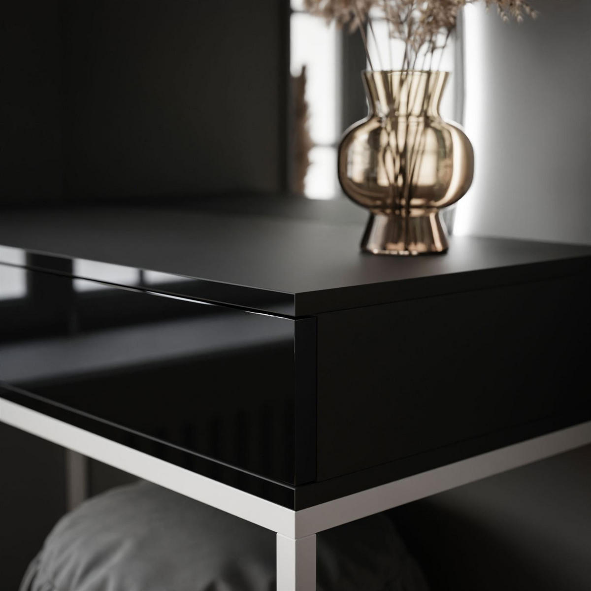 SCHMINKTISCH weiß/schwarz Hochglanz QUINNIE mit LED-Spiegel rechts PUSH OPEN - Schwarz Hochglanz/Weiß, Holzwerkstoff (100/176/42cm) - Lookway