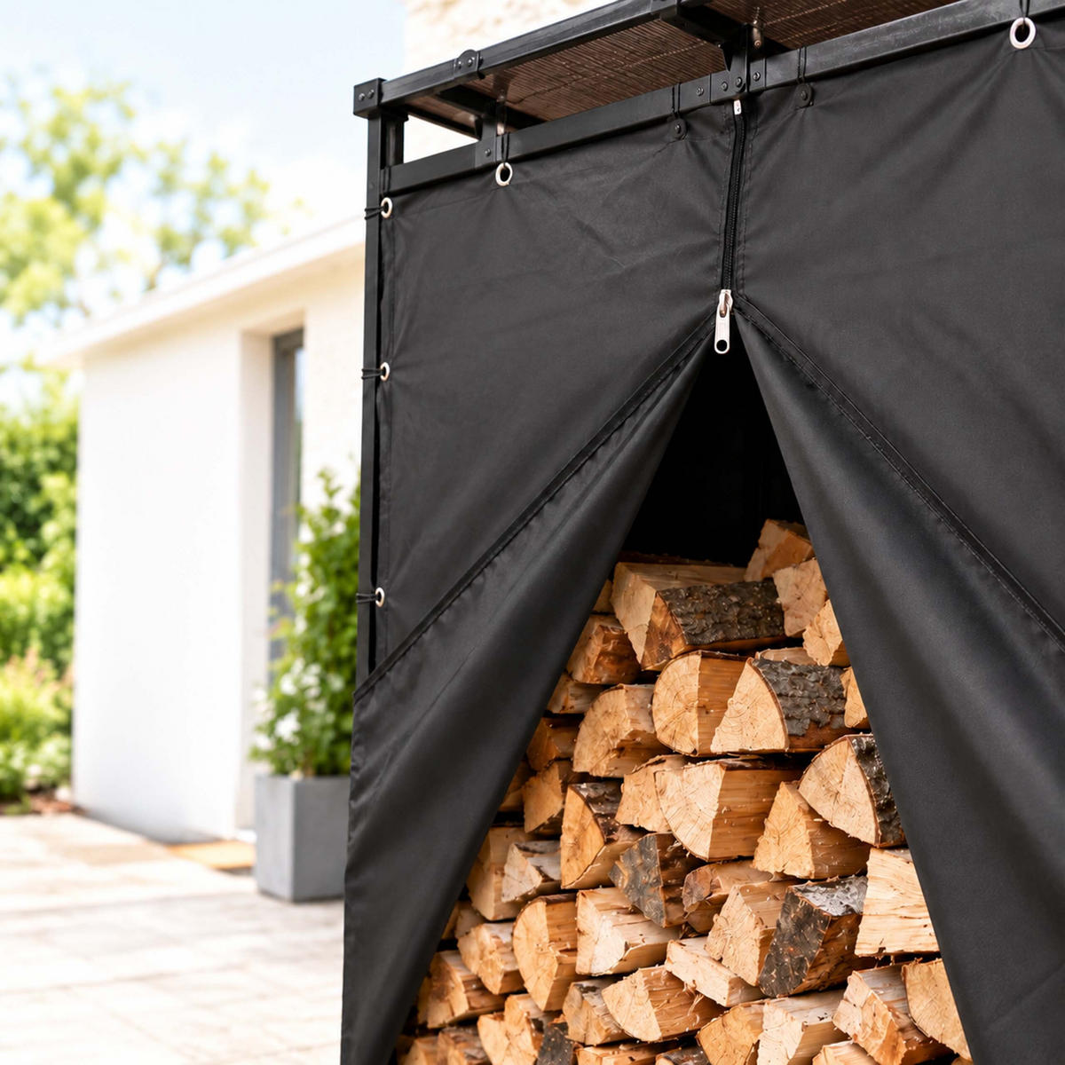 KAMINHOLZREGAL Schwarz Stahl mit Dach 185x185x70 cm - Schwarz, Kunststoff/Metall (185/185/70cm) - Relaxdays
