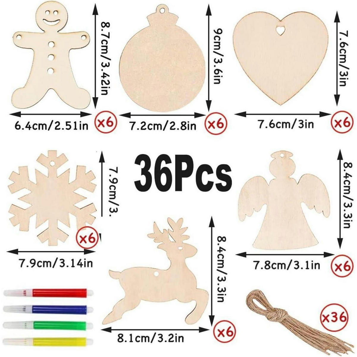 BASTELSET Weihnachtsschmuck Holz 36-teiliges Set - Hellbraun, Holz (9/1/9cm)