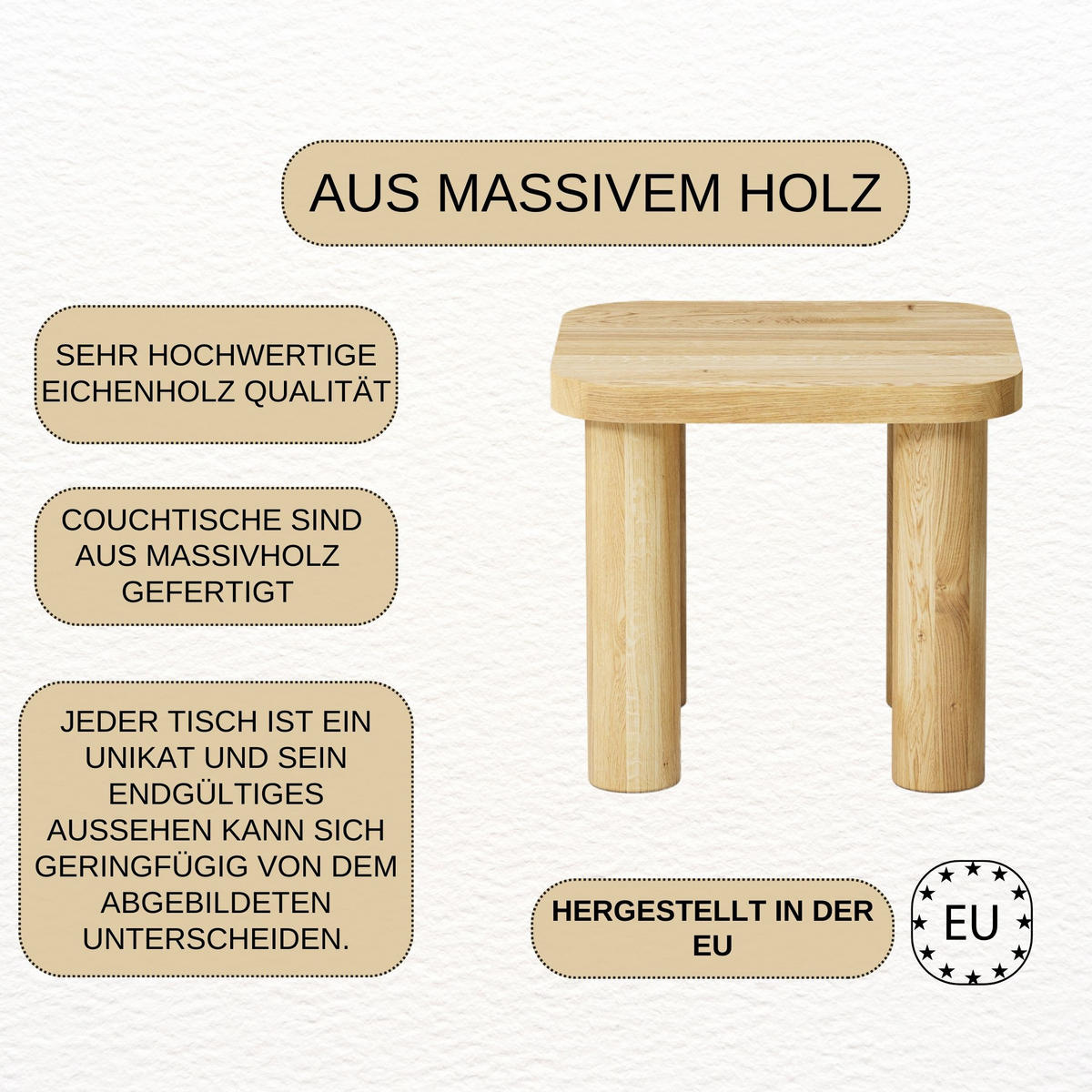 COUCHTISCH Eichenholz vollmassiv quadratisch Naturbelassenen 70/70/45 - Naturfarben, Holz (70/70/45cm)