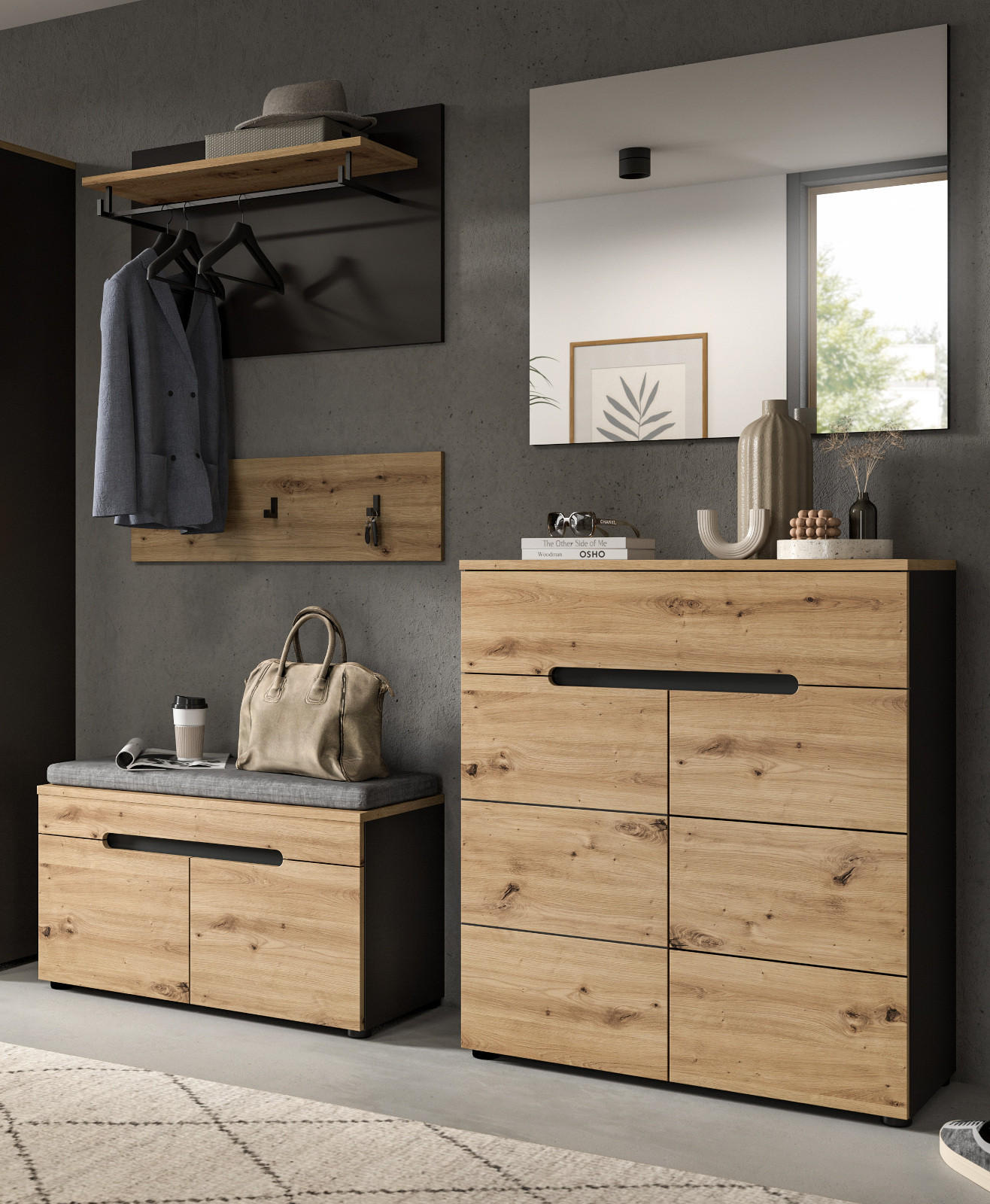 GARDEROBE Set 5-teilig Eiche Artisan grau 175 cm, mit Soft-Close - Schwarz/Eiche Artisan, Glas/Holzwerkstoff (175/190/37cm) - Inn.Furn