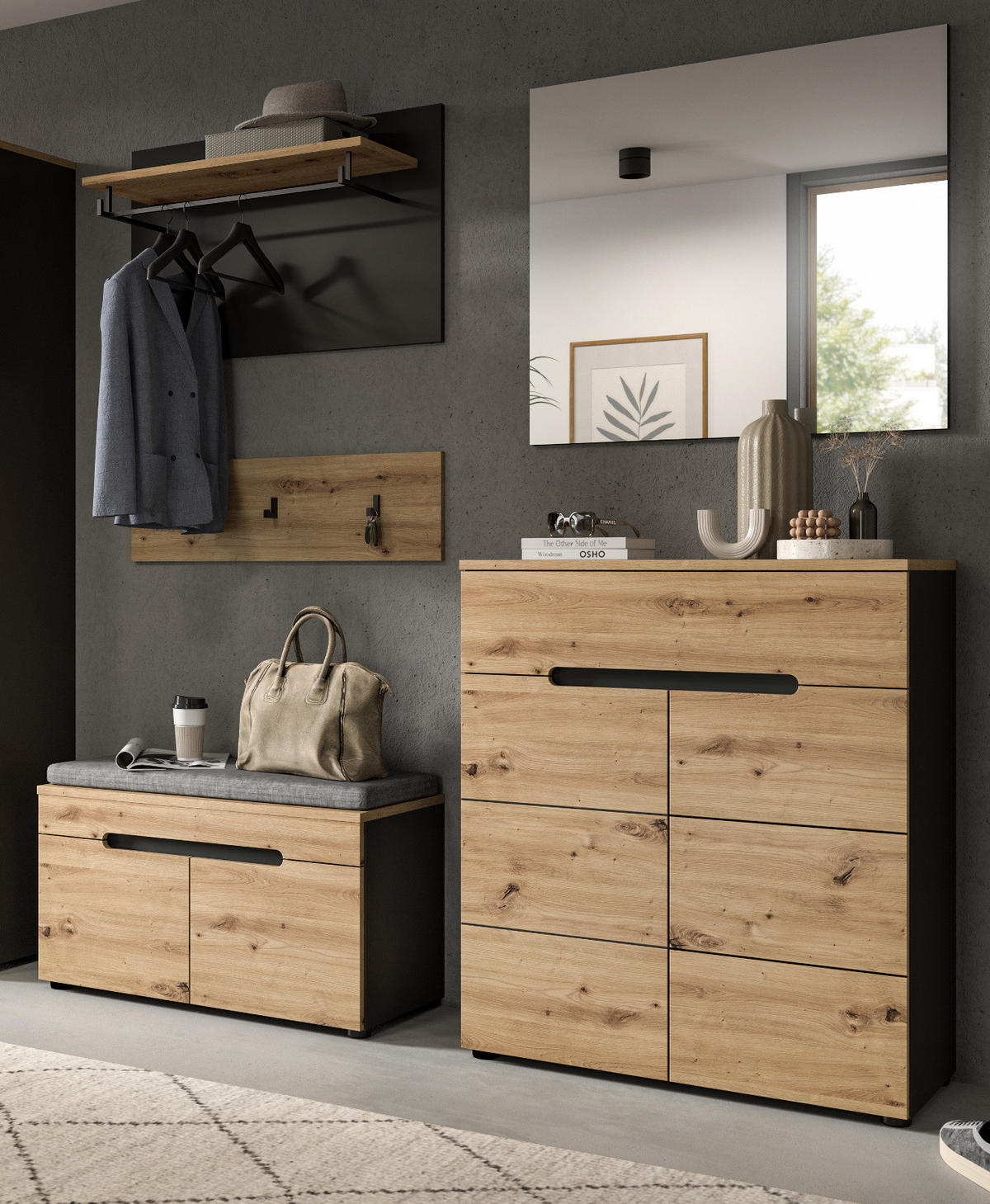 GARDEROBE Set 5-teilig Eiche Artisan grau 175 cm, mit Soft-Close - Schwarz/Eiche Artisan, Glas/Holzwerkstoff (175/190/37cm) - Inn.Furn