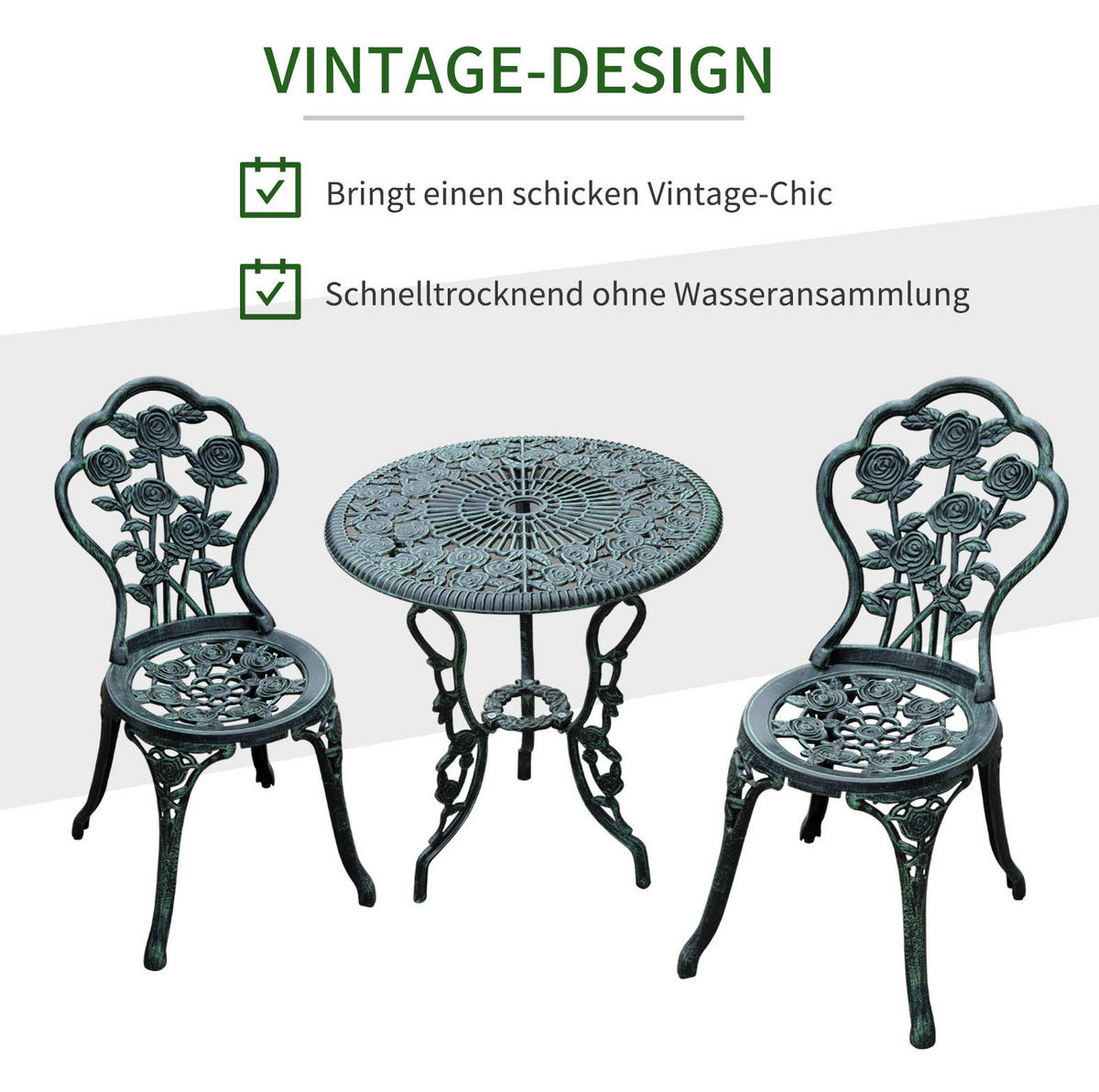 BISTROSET Ø60/69 cm mit 2 Stühlen, Antik-Look aus Metall, Grün - Grün, Metall - Redom