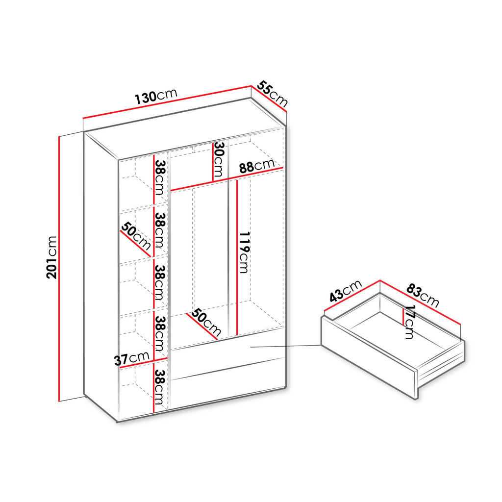 Thumbnail - Mirjan24 Kleiderschrank, Kaschmir, Holzwerkstoff, 2 Schubladen, Rechteckig, 130x201x55 cm, Schlafzimmer, Kleiderschränke
