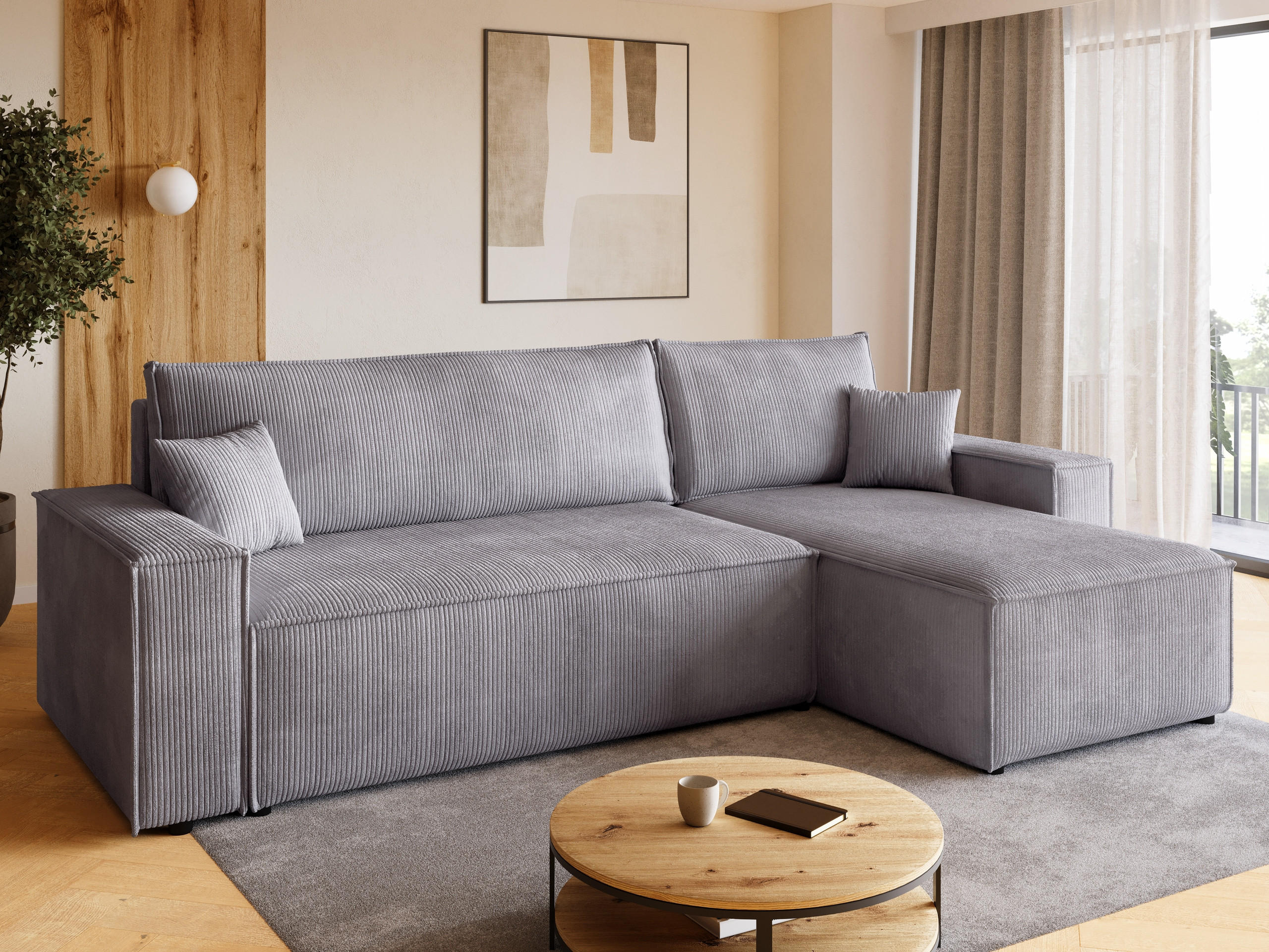 ECKSOFA ADI mit Schlaffunktion Hellgrau Cord - Hellgrau, Textil (244/143cm) - Bromarkt