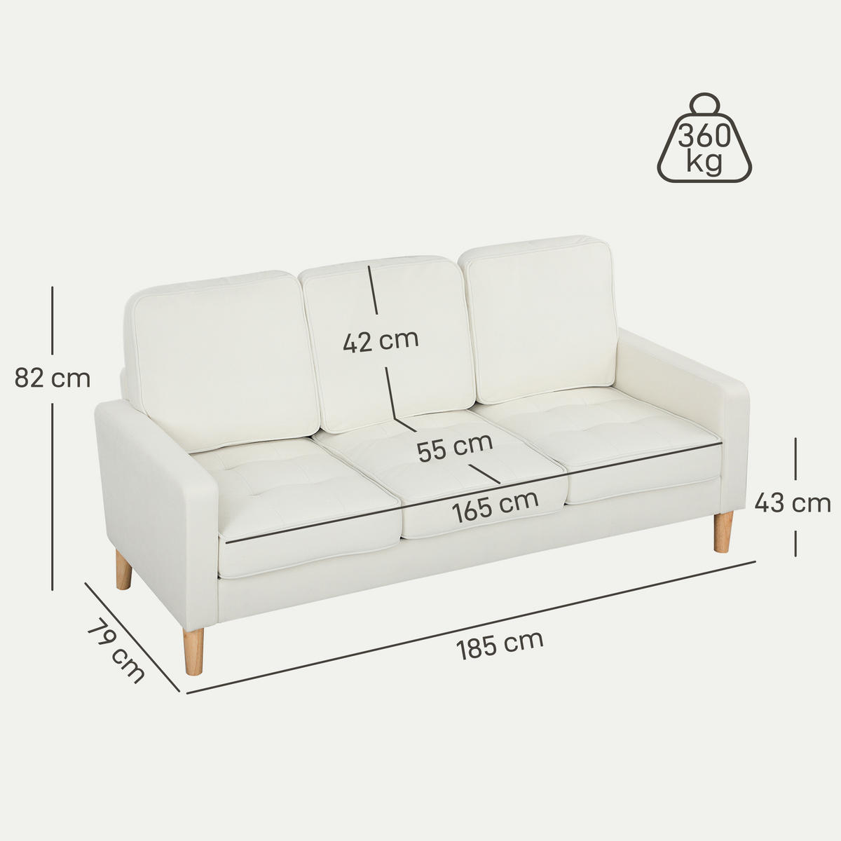 3-SITZER Sofa, Couch mit Armlehnen, Getufteter Rückenlehne, Samtoptik, Creme - Creme/Naturfarben, Holz/Textil (79/82/185cm) - HOMCOM