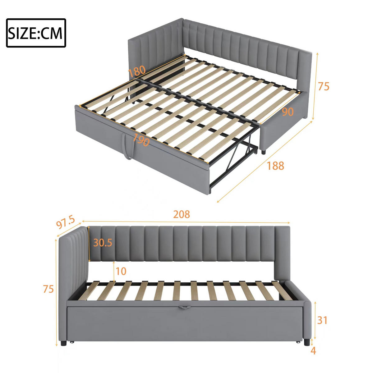 SCHLAFSOFA 90/200 cm mit Ausziehbett, L-Form und Rückenlehne aus Samt, Grau - Grau, Textil (97.5/75/208cm) - Redom