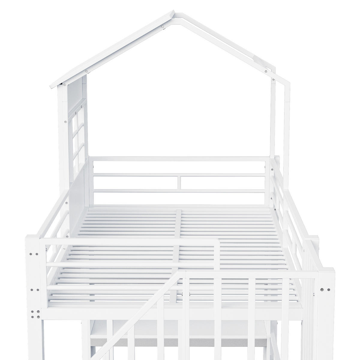 HOCHBETT 90/200 cm DE-01529, in Weiß, mit Hausdesign, Stauraumregal und Sicherheitstreppe - Weiß, Metall (90/200cm) - ComfortXL