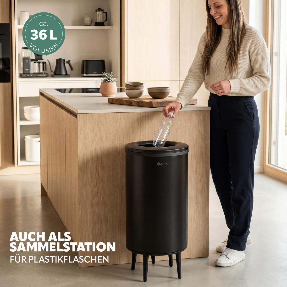 ABFALLEIMER, 36 Liter, aus Metall, schwarz - Schwarz, Metall (36/70/36cm) - eluno
