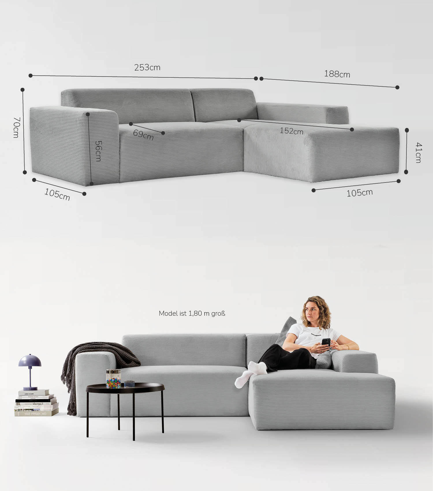 Thumbnail - Mokebo Ecksofa, Grau, Textil, L-Form, 253x188 cm, Wohnzimmer, Sofas & Couches, Wohnlandschaften, Ecksofas