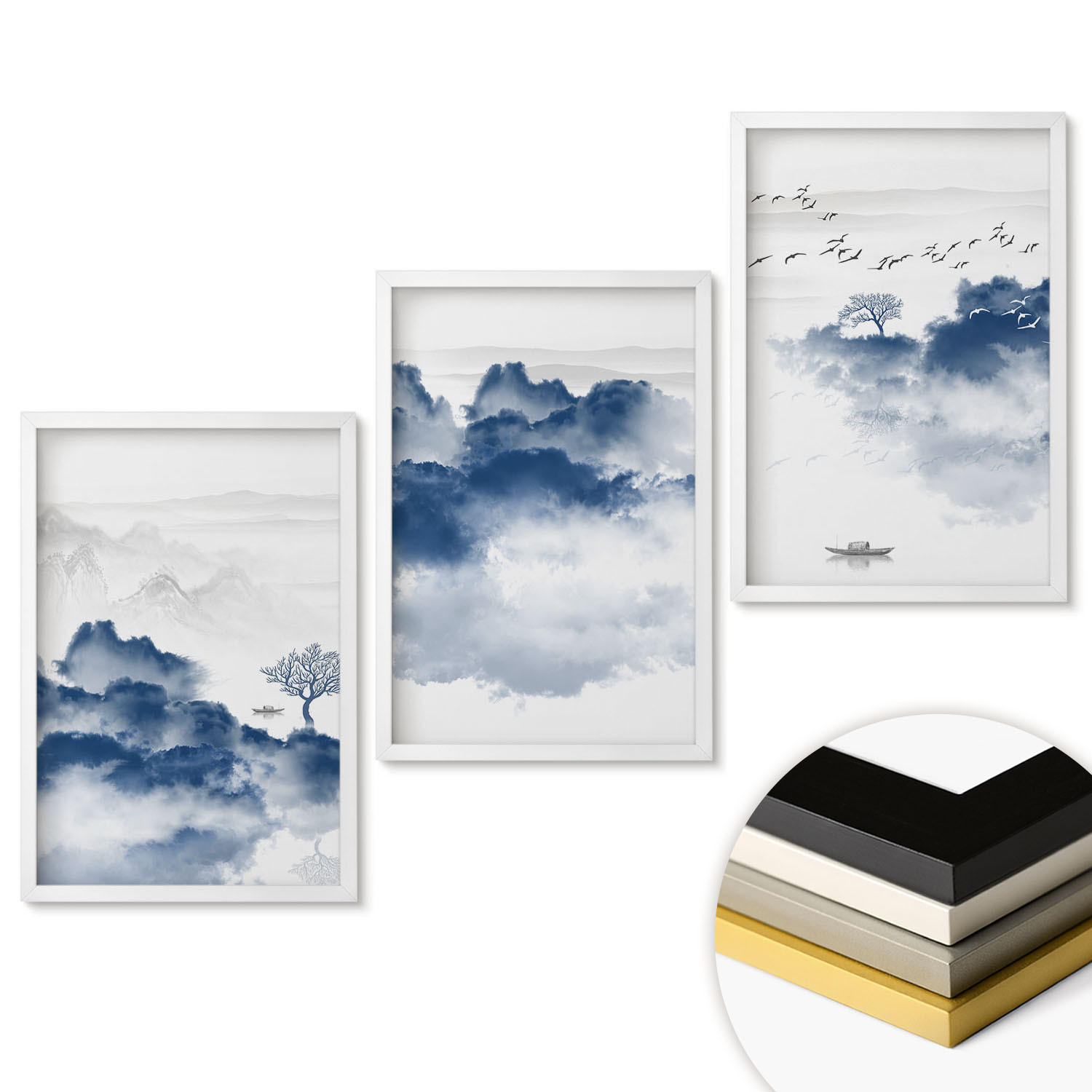 WANDBILDER 3er-Set - 40x60 cm Weißer Rahmen - Berge, Wolken, Bäume, Vögel - Weiß, Kunststoff (40/60cm) - ArtPrintCave