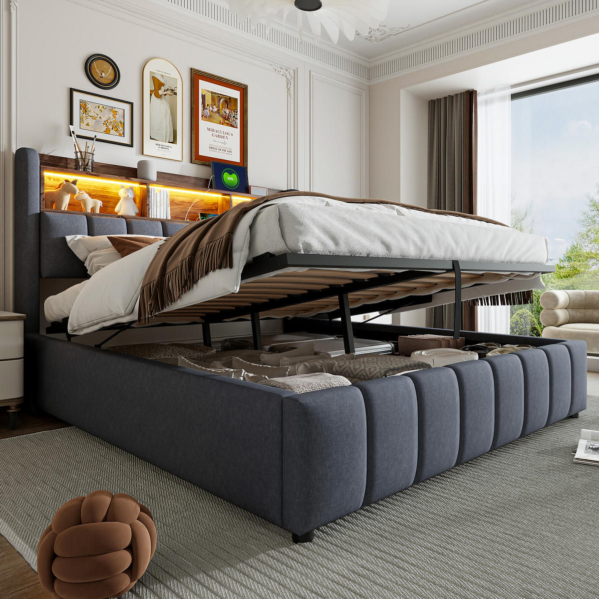 POLSTERBETT 180/200 cm grau LED-Beleuchtung mit Stauraum und USB-Anschluss - Grau, Textil (180/200cm) - OKWISH