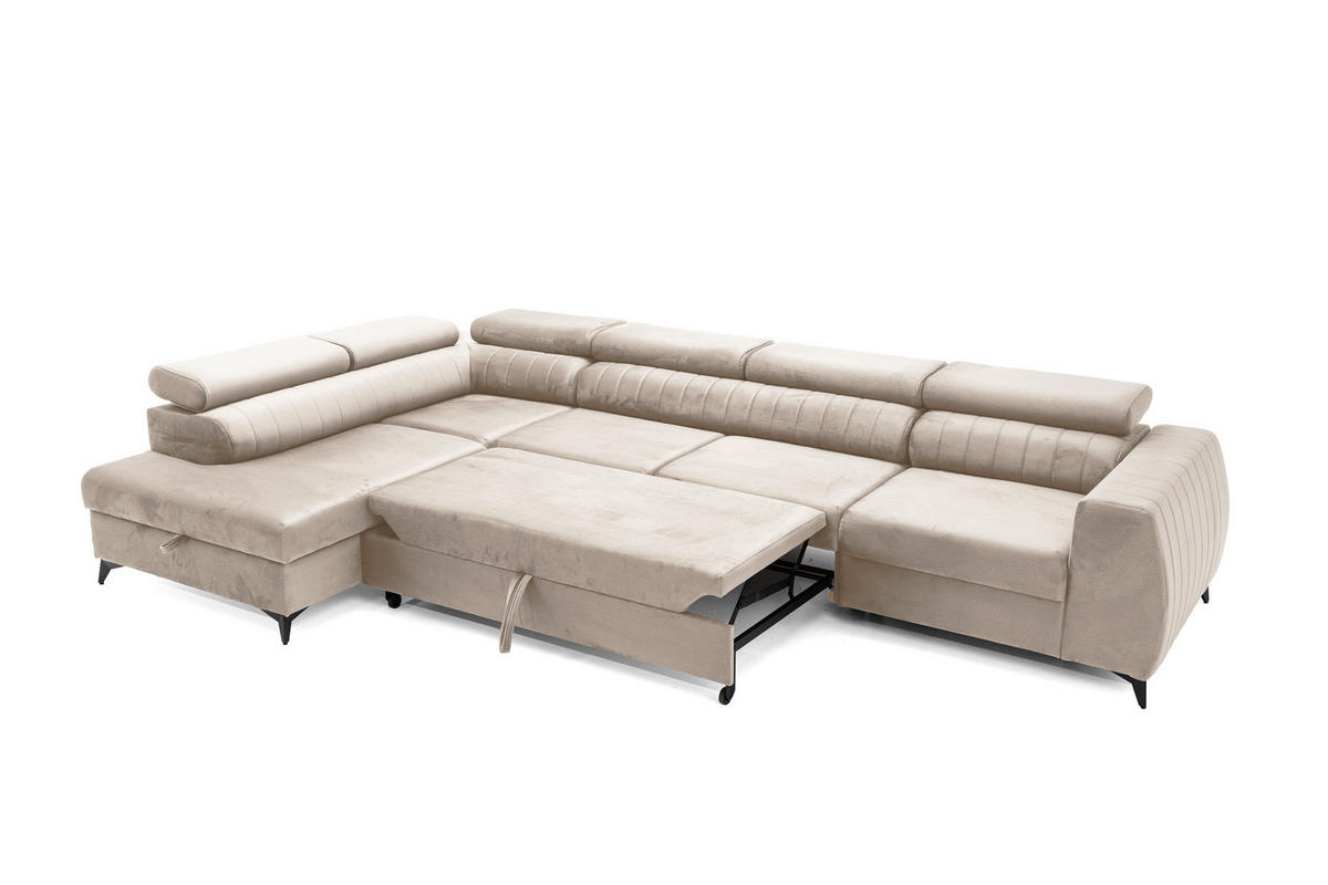ECKSOFA PIERO MAXI Links mit Schlaffunktion 195x125 Velours Beige - Beige/Schwarz, Holz/Textil (350/203cm) - Muffo