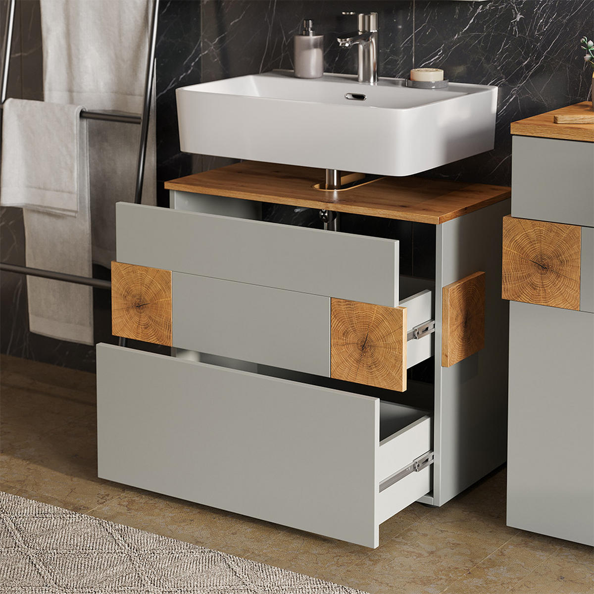 WASCHBECKENUNTERSCHRANK Eden Grau/Artisan 70 x 64.5 cm mit 2 Schubladen - Hellgrau/Grau, Holzwerkstoff (70/64.5/37cm) - Vicco