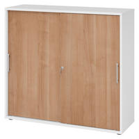SCHIEBETÜRENSCHRANK - 3 Ordnerhöhen 40/120/110 cm in Weiß/Nussbaumfarben Relinggriff (Kunststoff) - Nussbaumfarben/Weiß, Holzwerkstoff (120/110/40cm) - bümö
