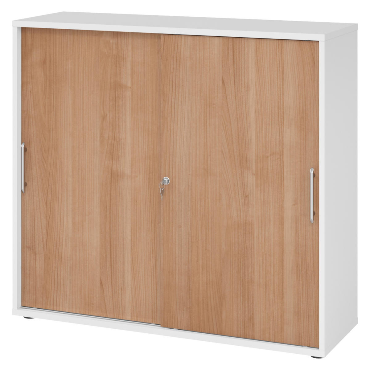 SCHIEBETÜRENSCHRANK - 3 Ordnerhöhen 40/120/110 cm in Weiß/Nussbaumfarben Relinggriff (Kunststoff) - Nussbaumfarben/Weiß, Holzwerkstoff (120/110/40cm) - bümö