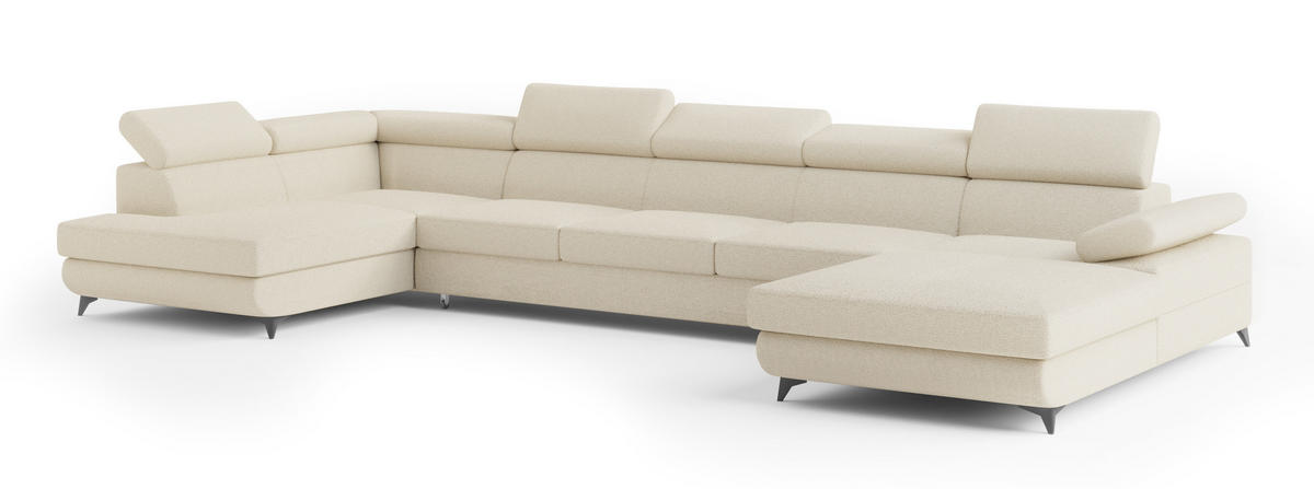 WOHNLANDSCHAFT MONTIVA Creme Boucle-Stoff mit Schlaffunktion - Creme, Holz (410/89/190cm) - MASSENO