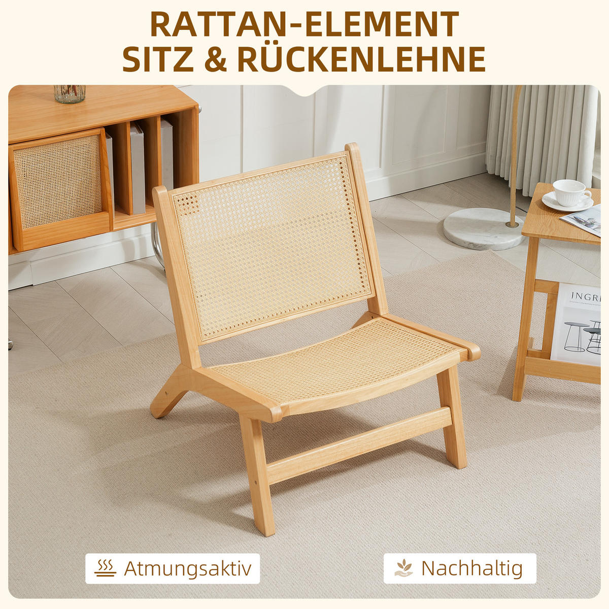 SESSEL mit Rattan-Rückenlehne, Naturfarben - Naturfarben, Kunststoff (64/74/70cm) - HOMCOM