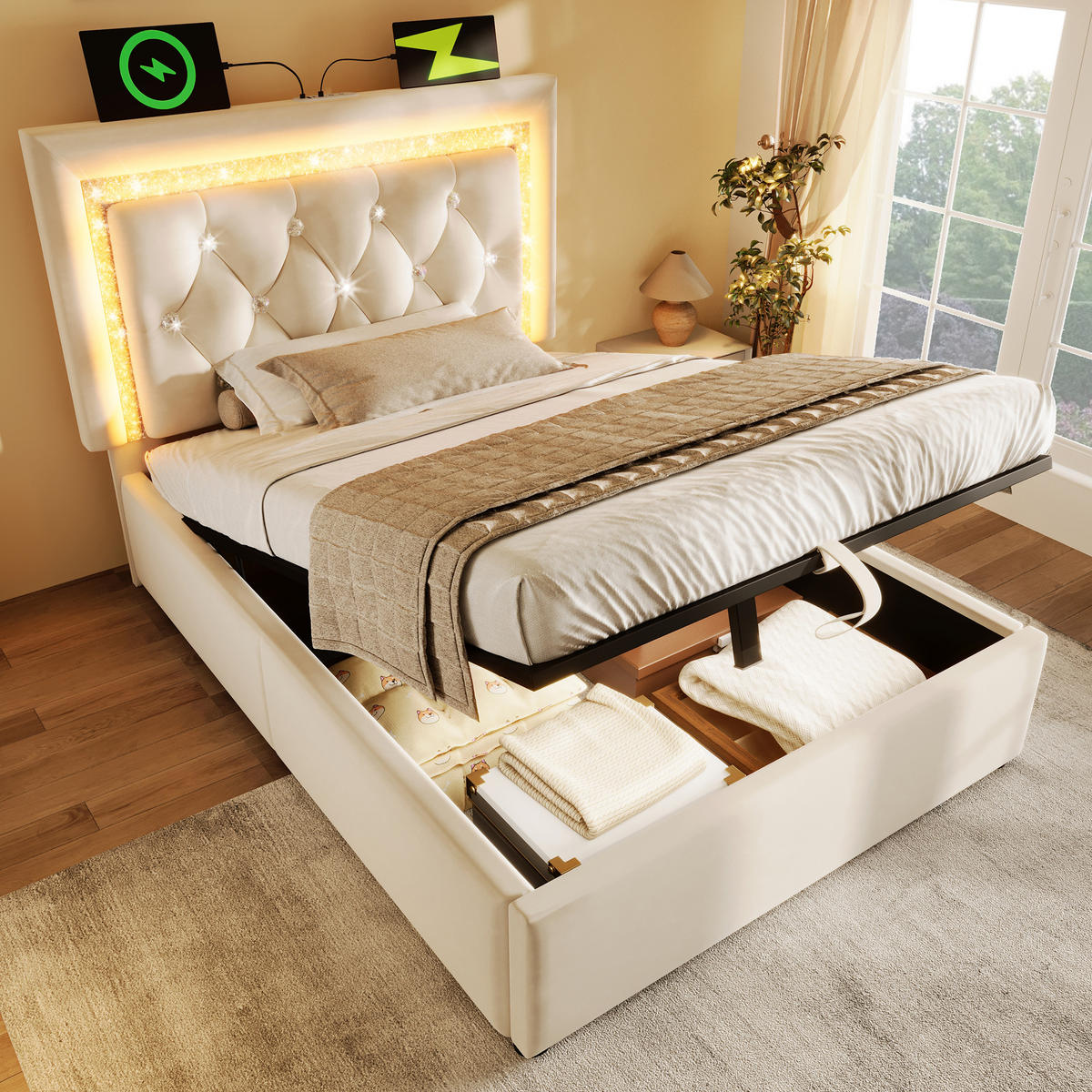 POLSTERBETT 90/200 cm Beige aus Samt mit Stauraum und LED-Beleuchtung mit Matratze - Beige, Textil (90/200cm) - OKWISH