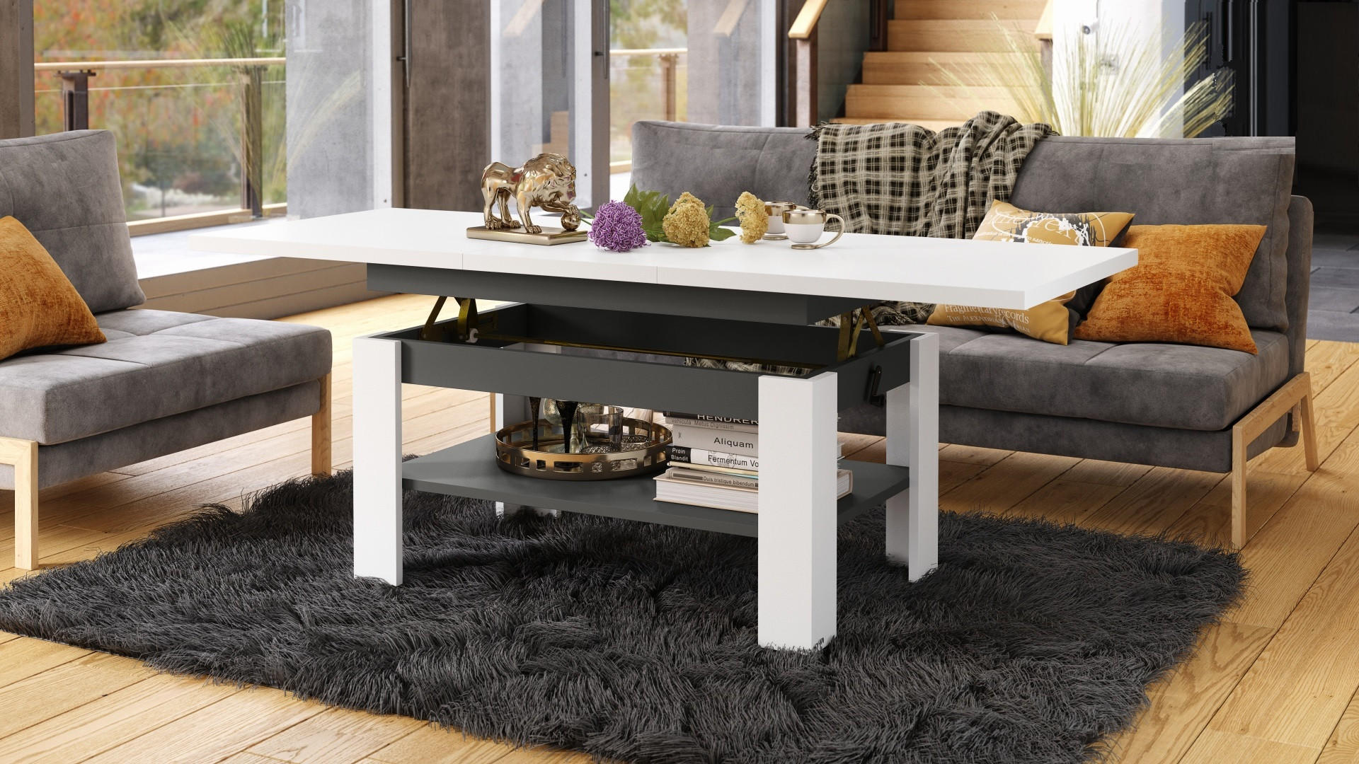 COUCHTISCH rechteckig Weiß - Anthrazit ausziehbar höhenverstellbar - Anthrazit/Weiß, Holzwerkstoff (65/130/58cm) - designimpex
