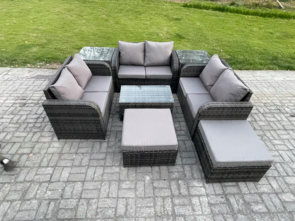 GARTENMÖBELGARNITUR mit KISSEN Polyrattan Dunkelgrau 8-Sitzer - Dunkelgrau/Grau, Glas/Kunststoff - Fimous