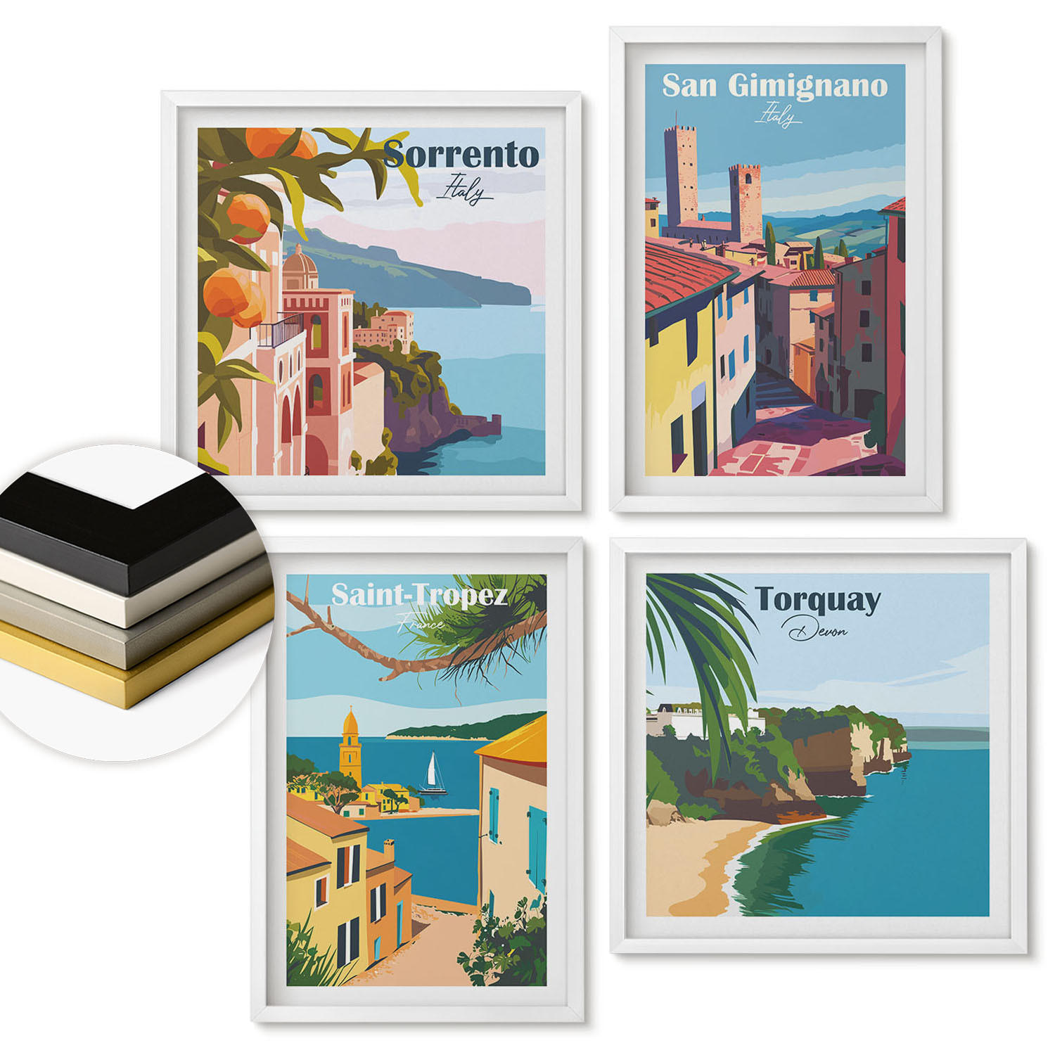 WANDBILDER 4er-Set - 50x50 cm & 40x60 cm Weißer Rahmen - Italienische Küstenstädte - Weiß, Kunststoff (50/50cm) - ArtPrintCave