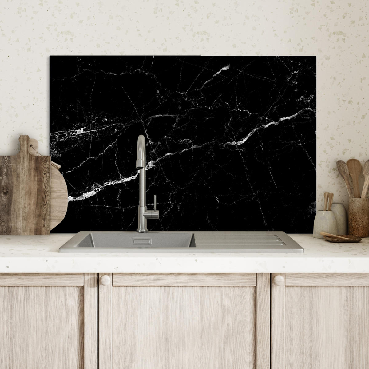 SPRITZSCHUTZ KÜCHE Marmoroptik - Schwarz - Luxus 70x50 cm - Grau, Metall (70/0.3/50cm) - MuchoWow