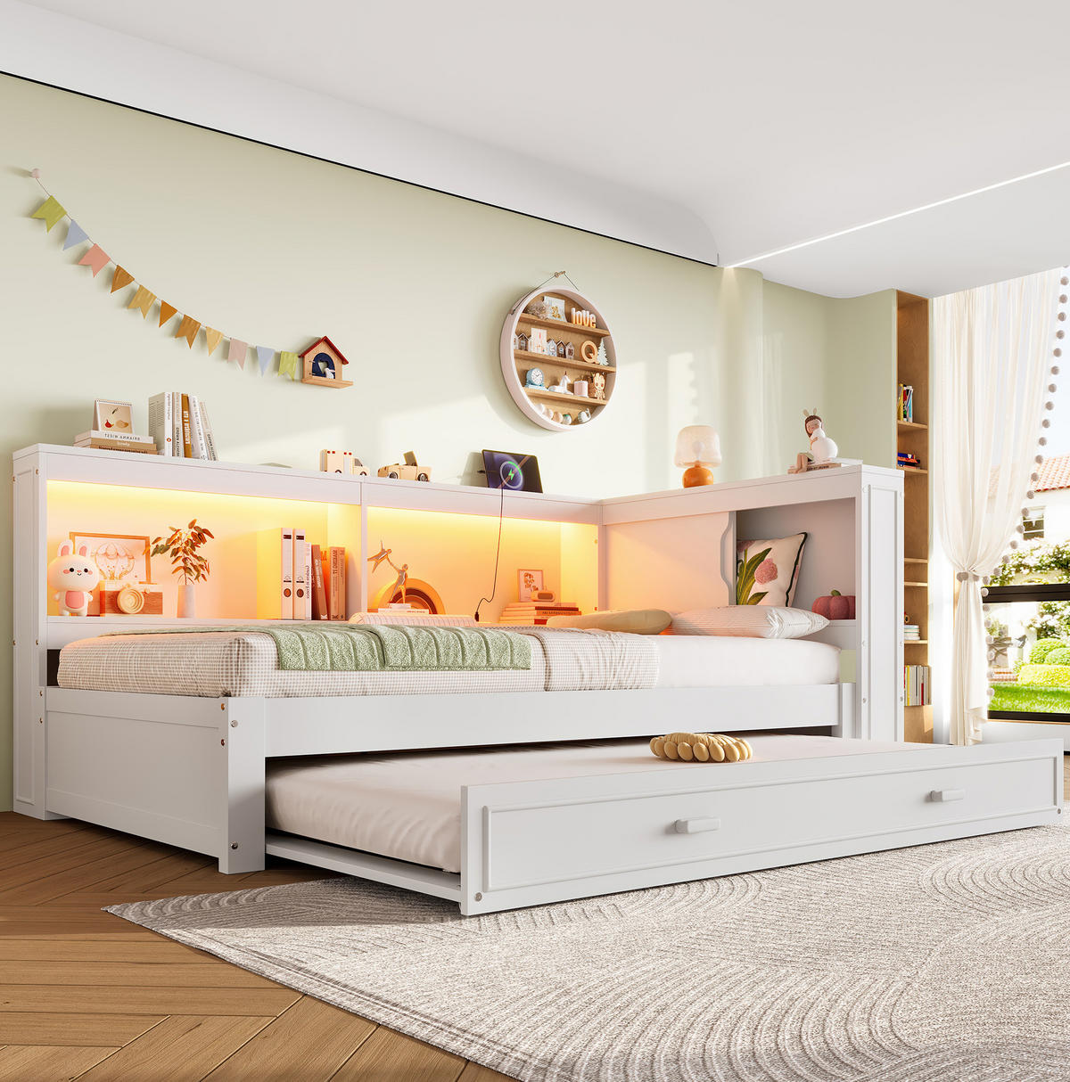 KINDERBETT 90/200 cm Weiß aus Kiefern mit Ausziehbett, LED-Beleuchtung, USB, Typ-C und Steckdose - Weiß, Holz (90/200cm) - OKMYHOME