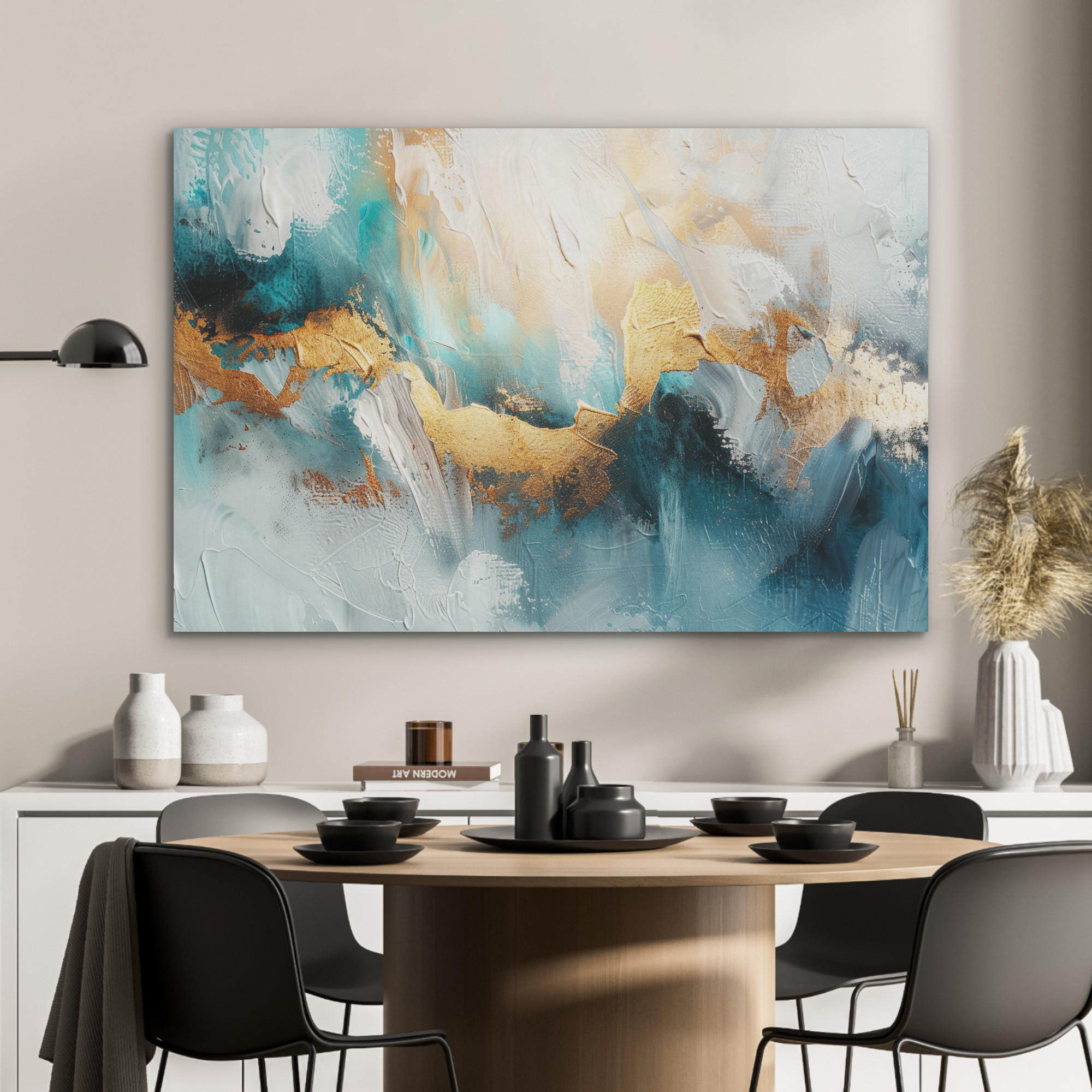AKUSTIKPANEEL Abstrakt - Kunst - Gold - Blau 100x70 cm - Petrol, Textil (100/0.9/70cm) - MuchoWow
