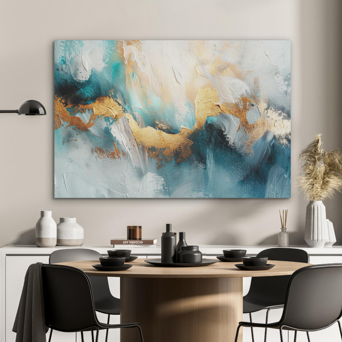 AKUSTIKPANEEL Abstrakt - Kunst - Gold - Blau 100x70 cm - Petrol, Textil (100/0.9/70cm) - MuchoWow