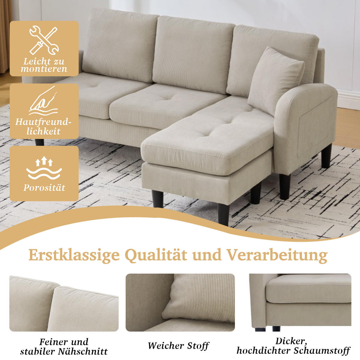ECKSOFA Cordbezug mit modularer Chaiselongue Hellbraun 166/118/77 cm - Hellbraun, Textil (166/118cm) - Redom
