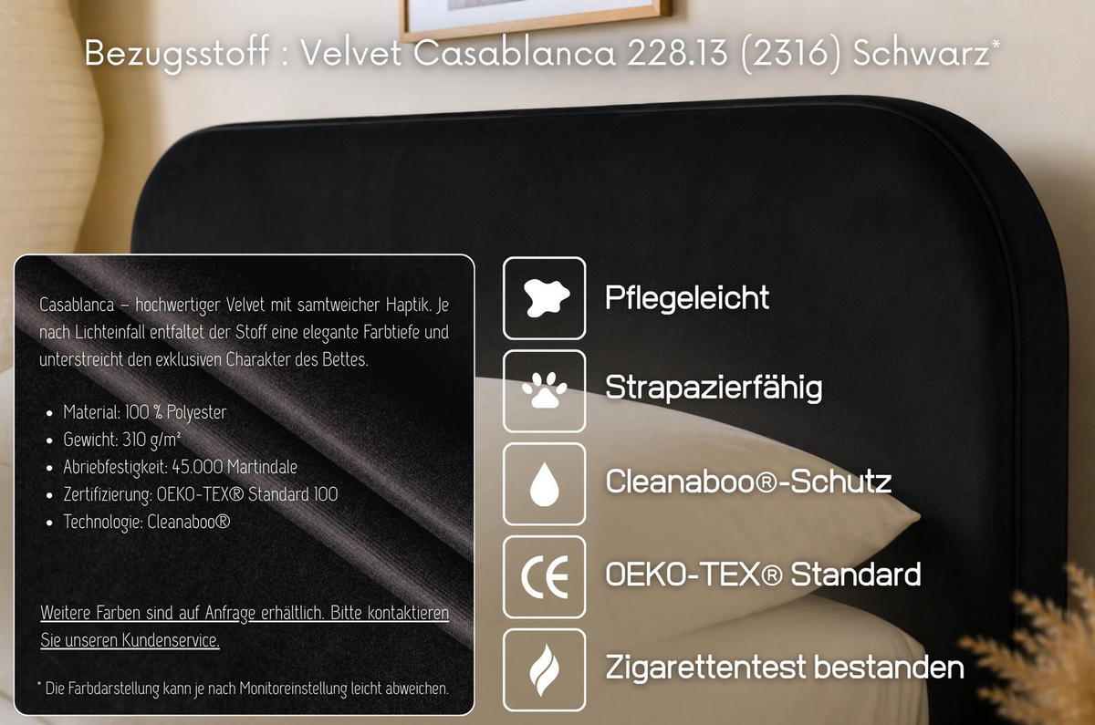 MASSIVHOLZBETT Eyko BORA, 180/200, Buche - lackiert, Samt-Kopfteil Schwarz - Buchefarben/Schwarz, Holz/Textil (180/200cm)