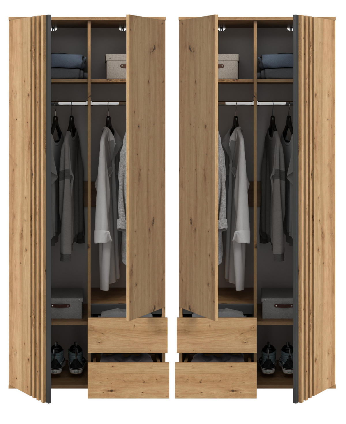 KLEIDERSCHRANK Eiche Artisan, grau 160 x 192 cm 4-türig, Drehtürenschrank mit Schubladen - Anthrazit/Eiche Artisan, Holzwerkstoff (160/192/56cm) - Inn.Furn