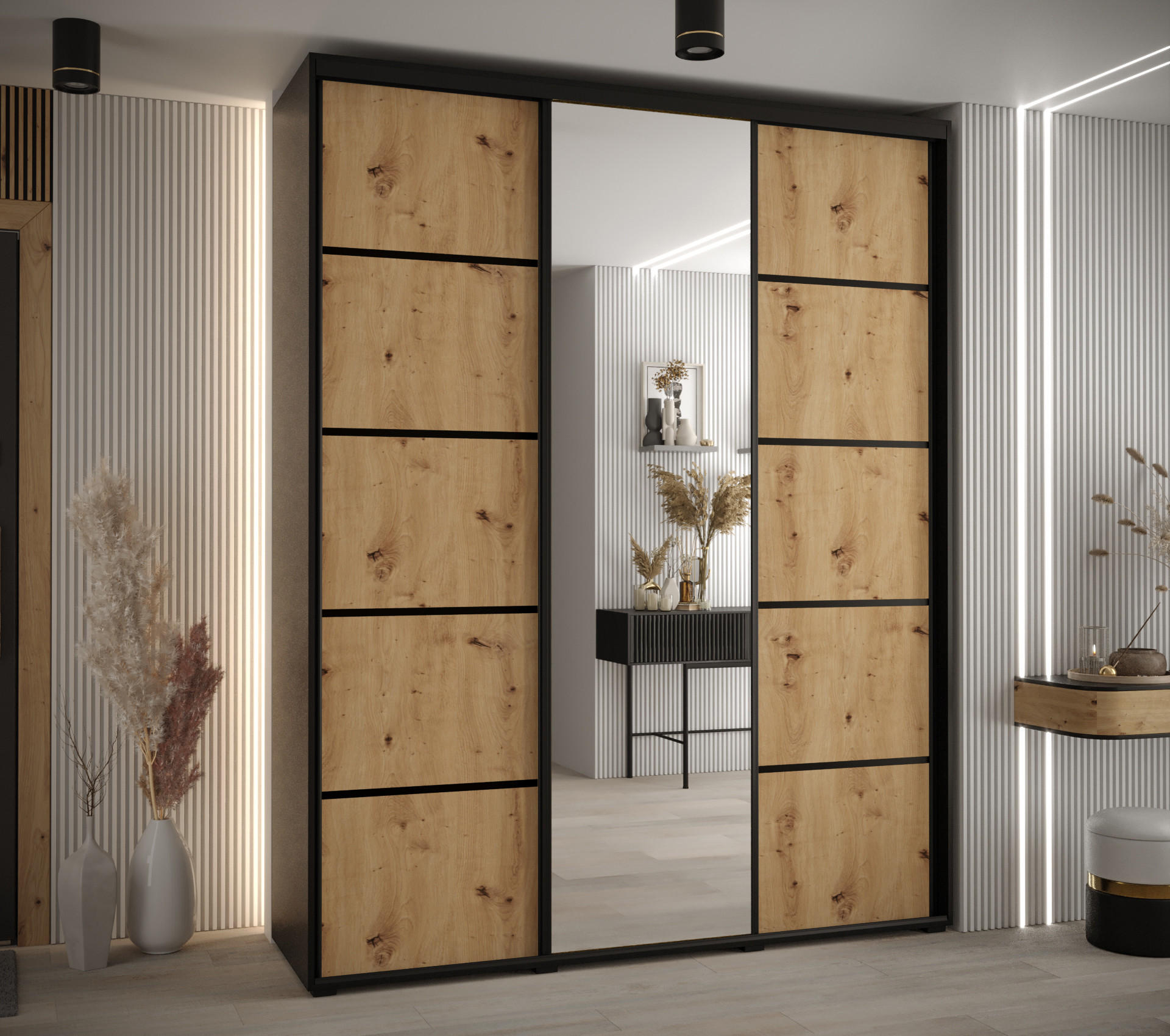 SCHWEBETÜRENSCHRANK 235,2/180/60 3-türig - Schwarz/Eiche Artisan, Holz/Metall (180/235/60cm) - Abiks Möbel