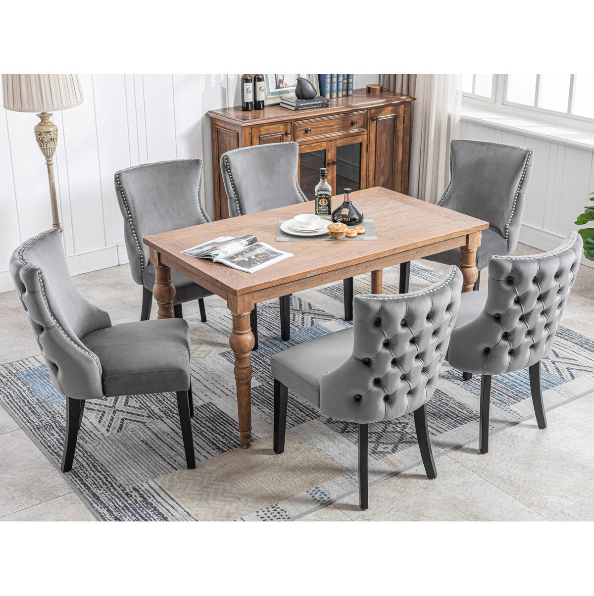STUHL 6er-Set Samt Grau mit Knopfsteppung und Massivholzbeinen - Grau, Metall (50/91/52.2cm) - Meubliv